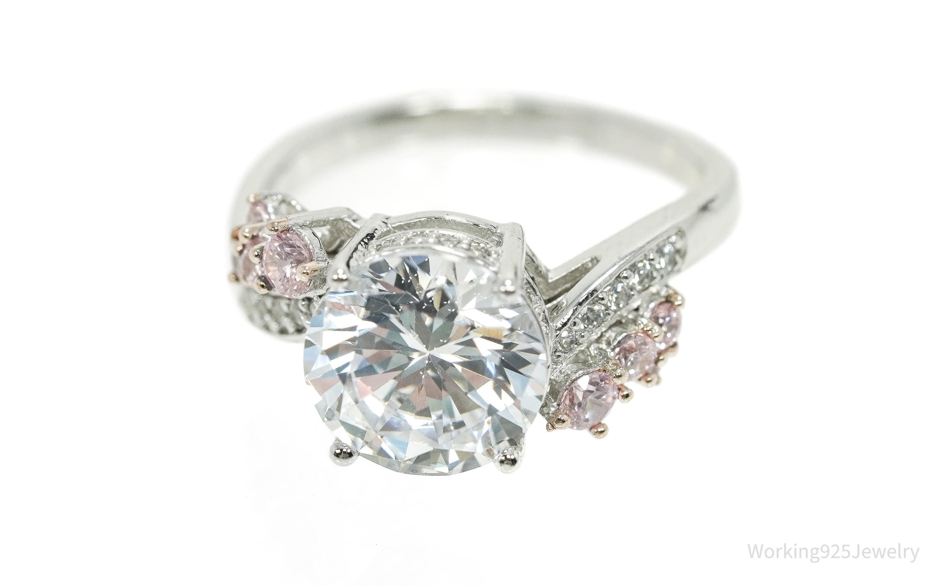 Vintage PAJ Pink & White Cubic Zirconia Sterling Silver Ring - Size 6