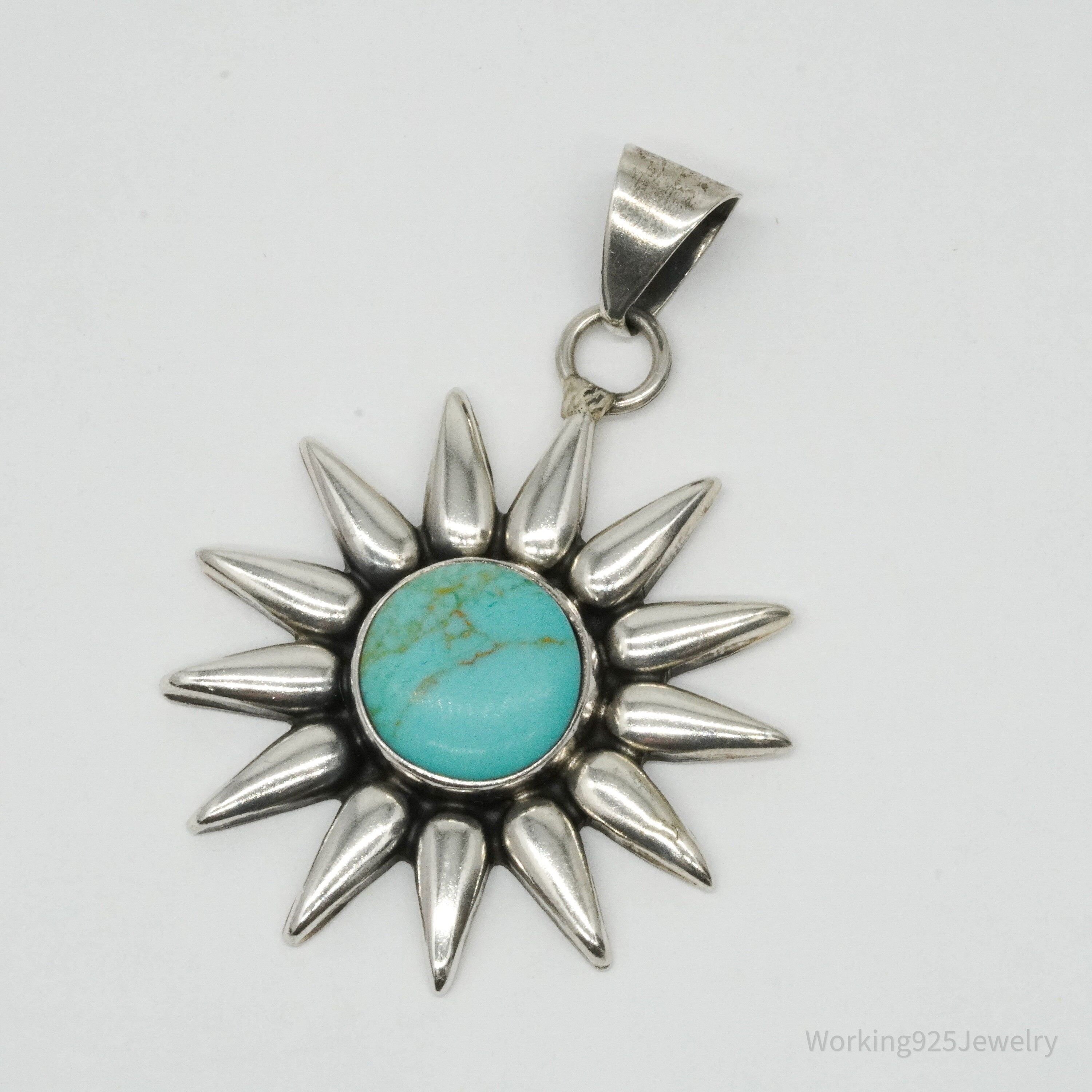 Large Vintage Mexico Turquoise Sun Sterling Silver Pendant 2"