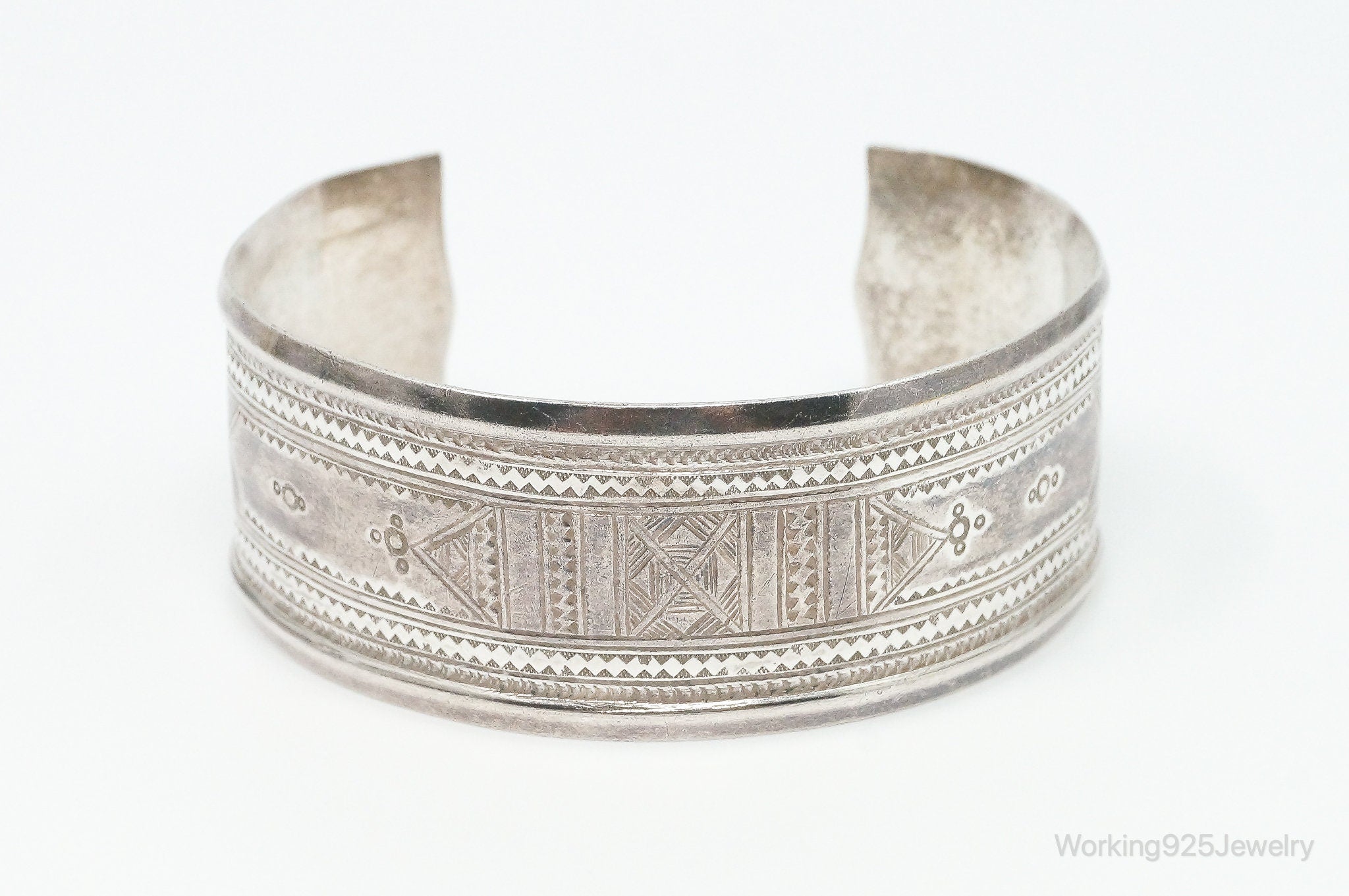 Vintage Southwestern Handmade Tribal Etched Sterling Silver Cuff Bracelet