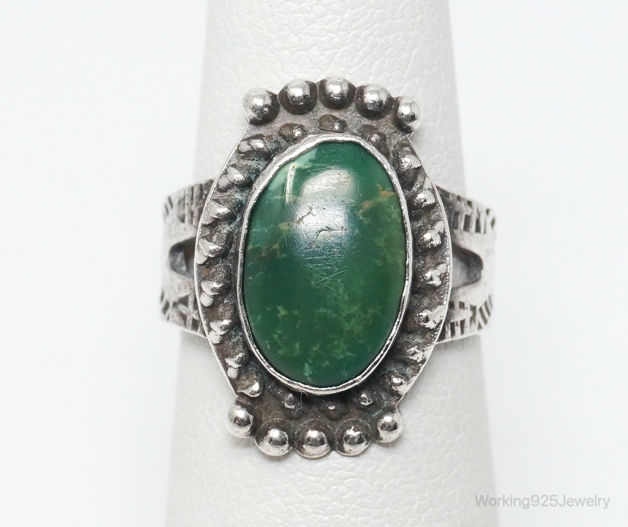 Vintage Native American Green Turquoise Unsigned Sterling Silver Ring SZ 6.25