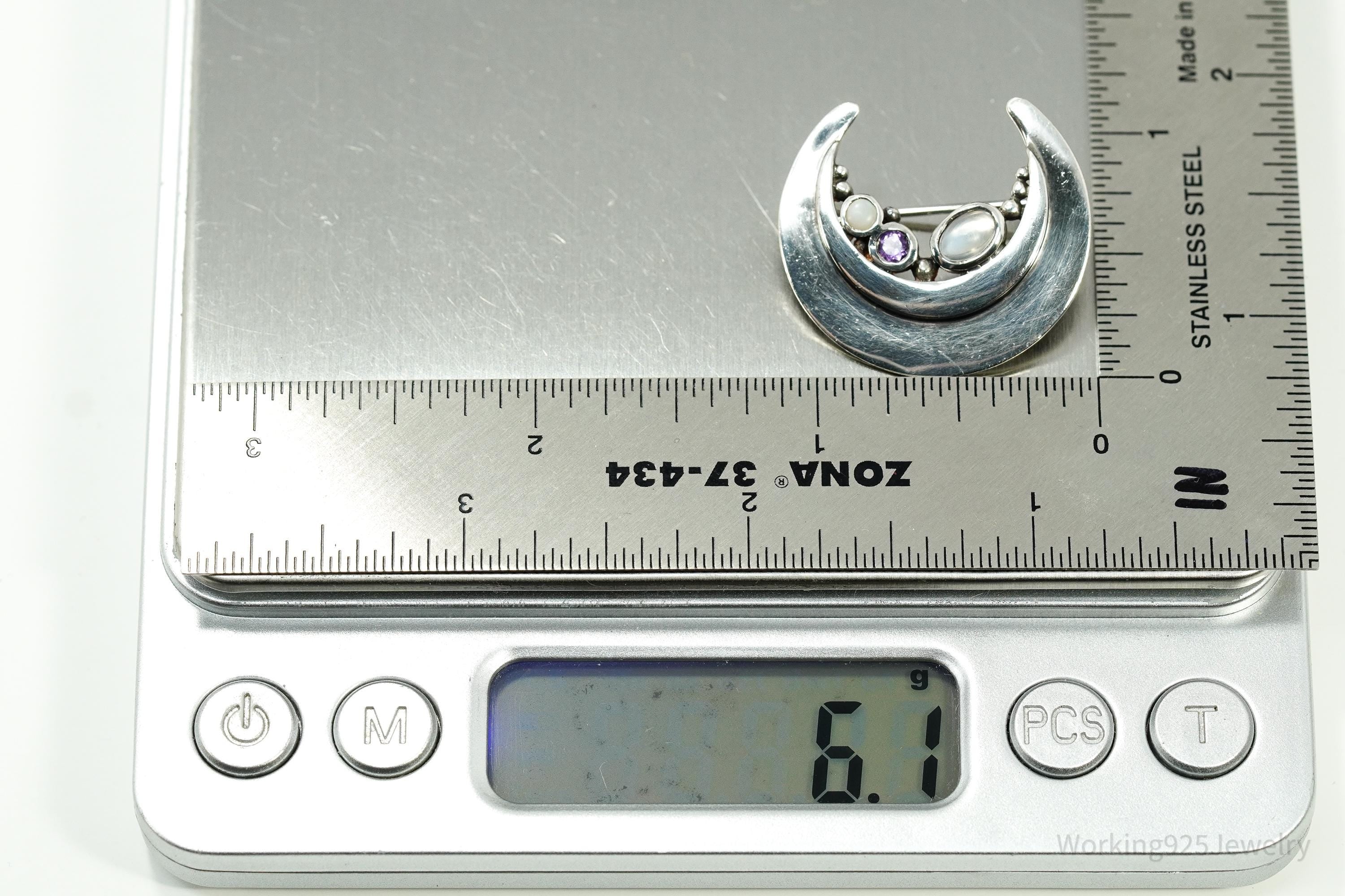 Vintage Amethyst & Moonstone Moon Sterling Silver Brooch Pin