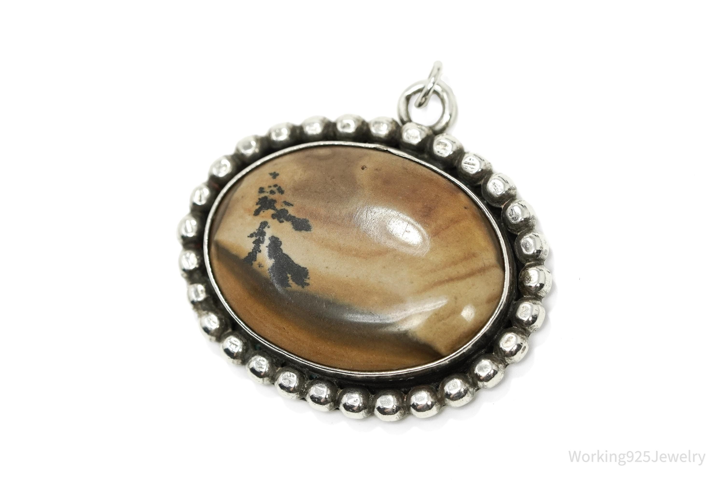 Vintage 1970s Picture Jasper Silver Necklace Pendant 1 3/8"