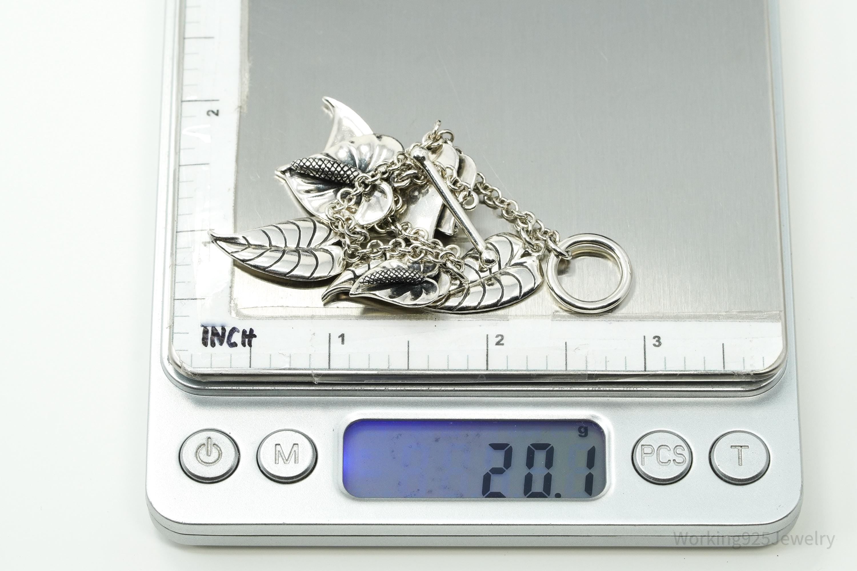 Vintage Leaves Charms Sterling Silver Toggle Bracelet 6 3/8"