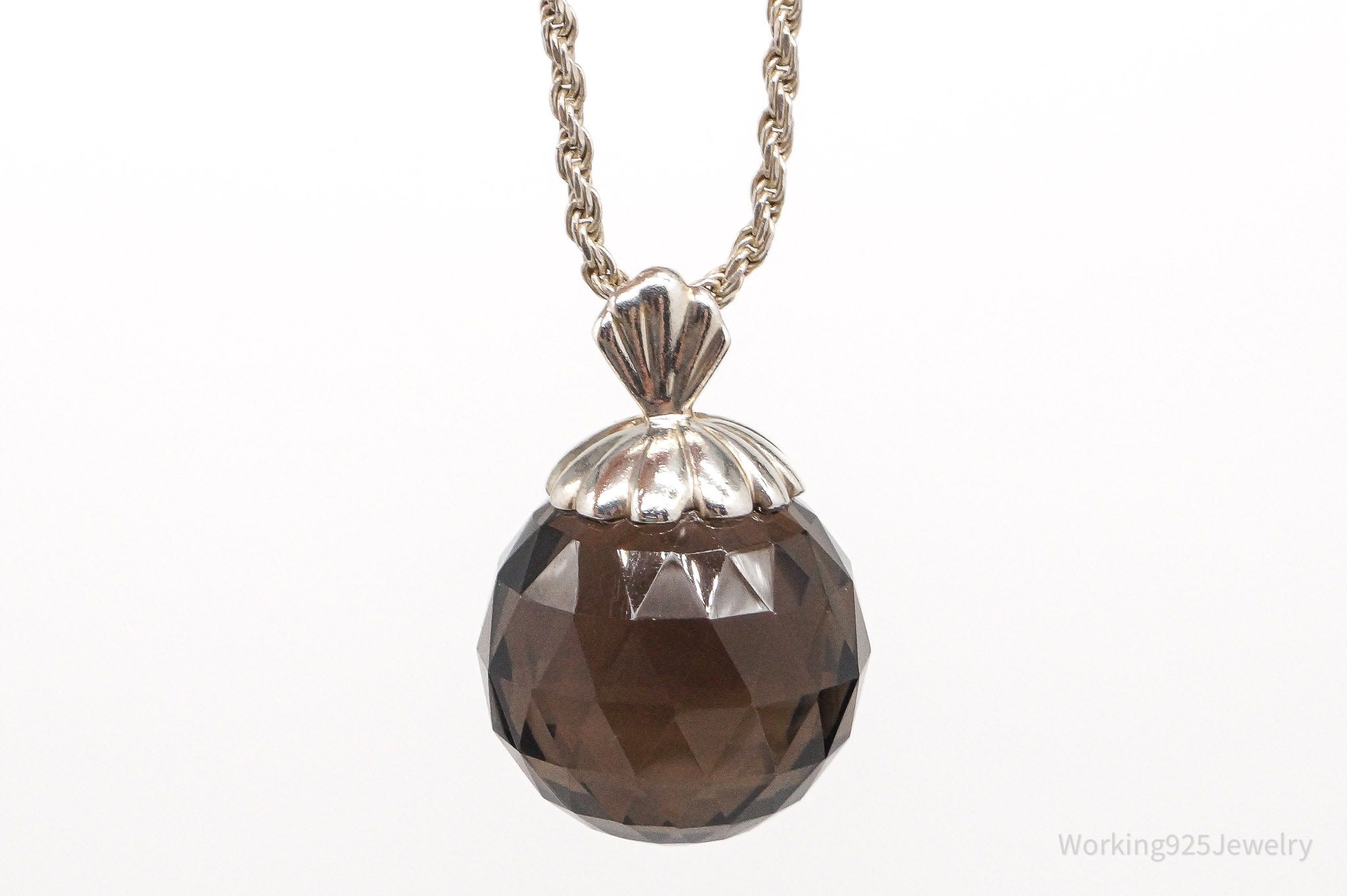 Vintage Large Smoky Topaz Sterling Silver Necklace 18"