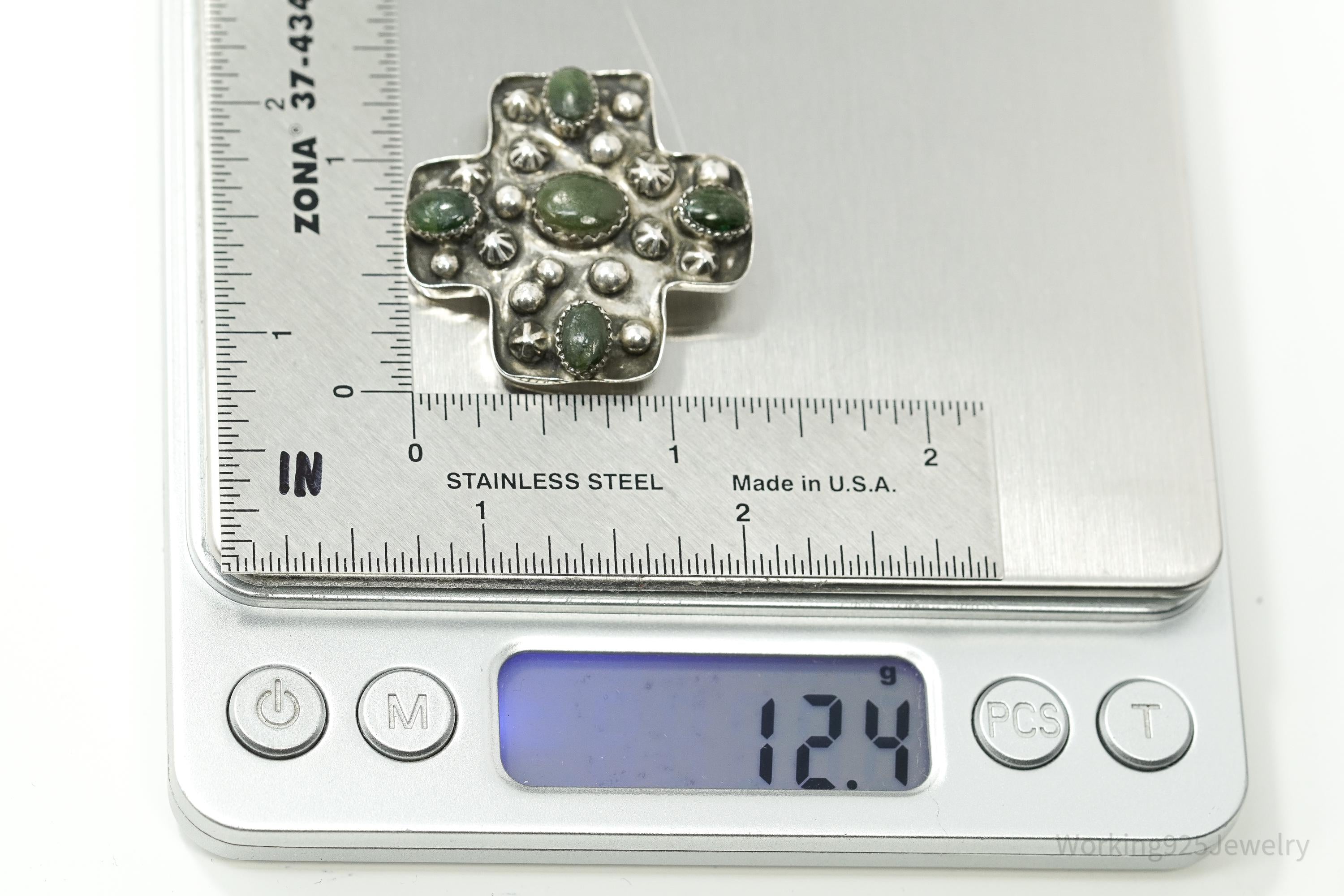 Native American Style Cross With Green Stones Sterling Silver Pin
