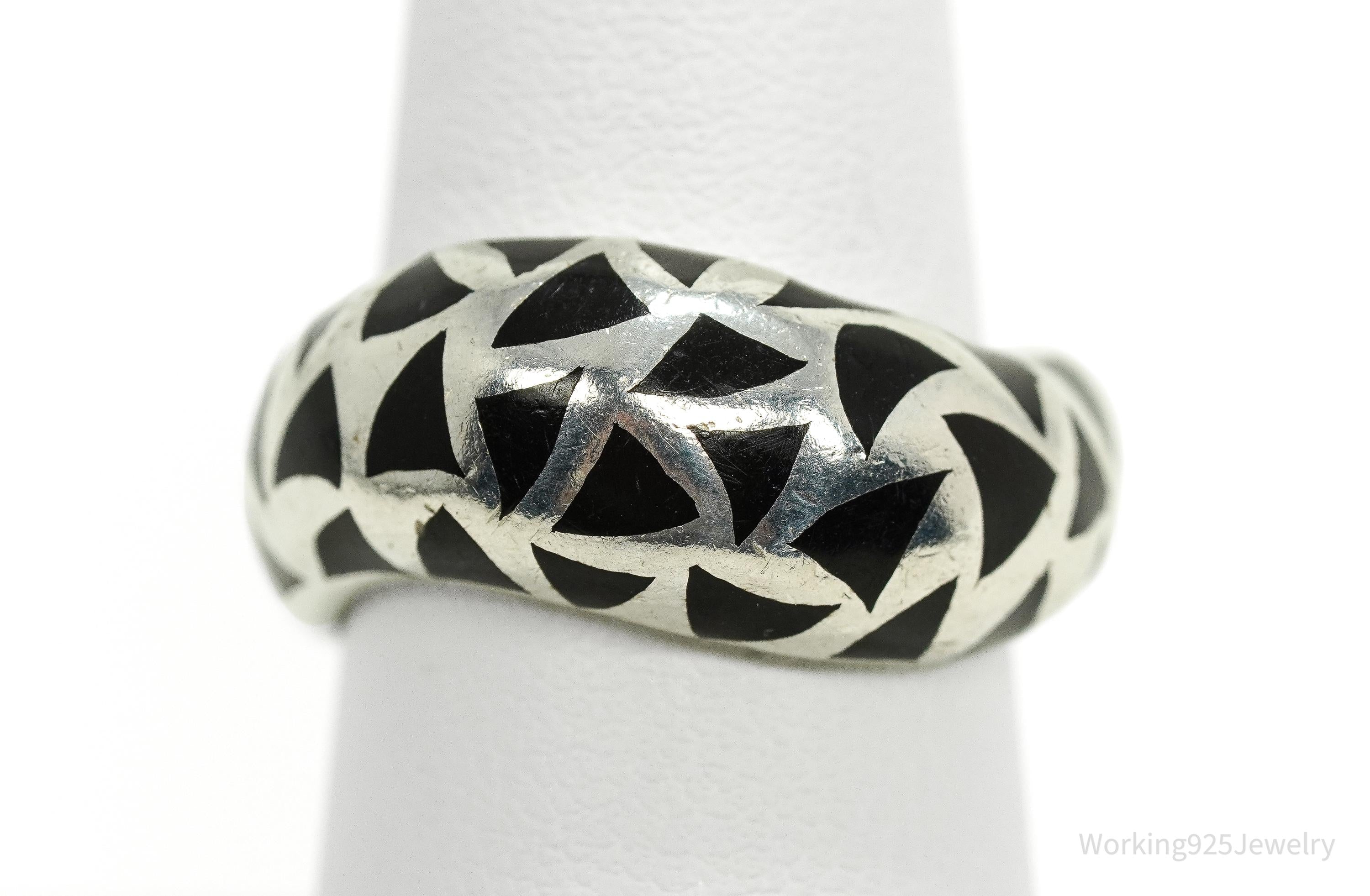 Vintage Black Enamel Shapes Design Sterling Silver Ring - Size 8
