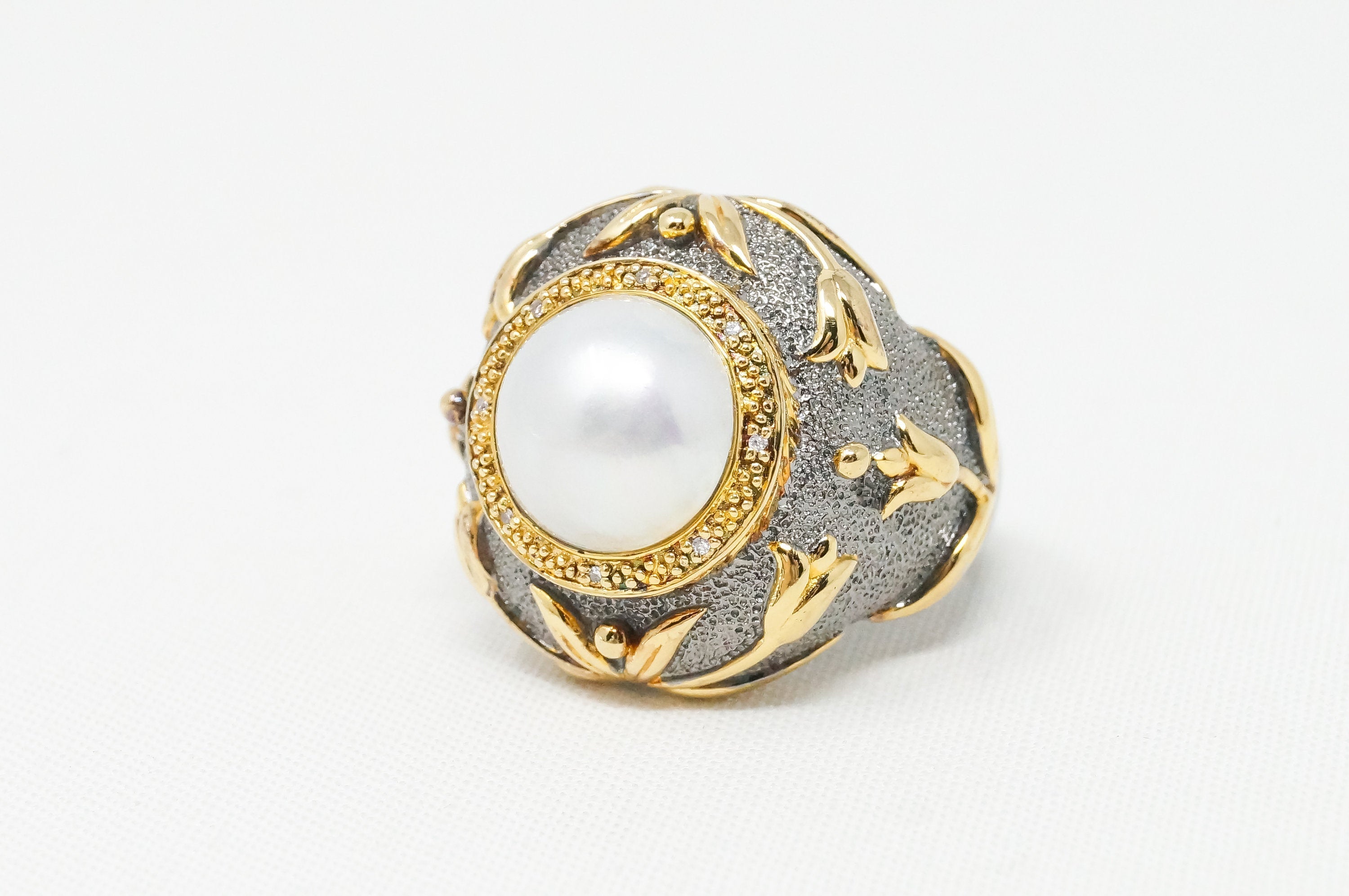 Vintage Pearl Gold Wash Diamond Art Nouveau Oxidized Ring Sterling Silver Sz 8