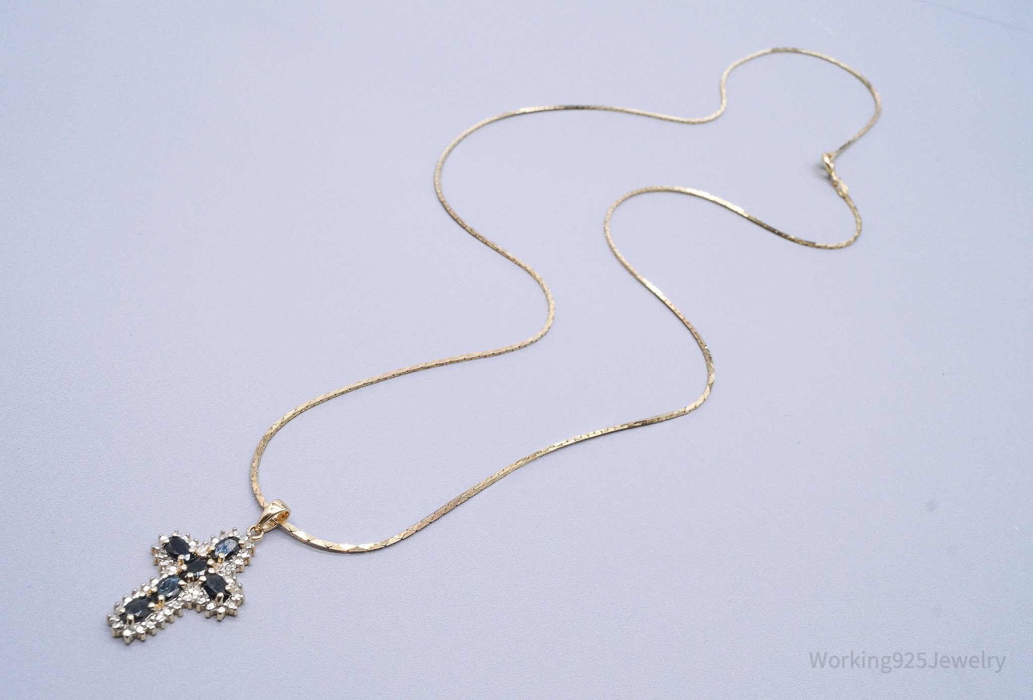 VTG Ross Simons Sapphires Cross Gold Over Sterling Silver Necklace 22"