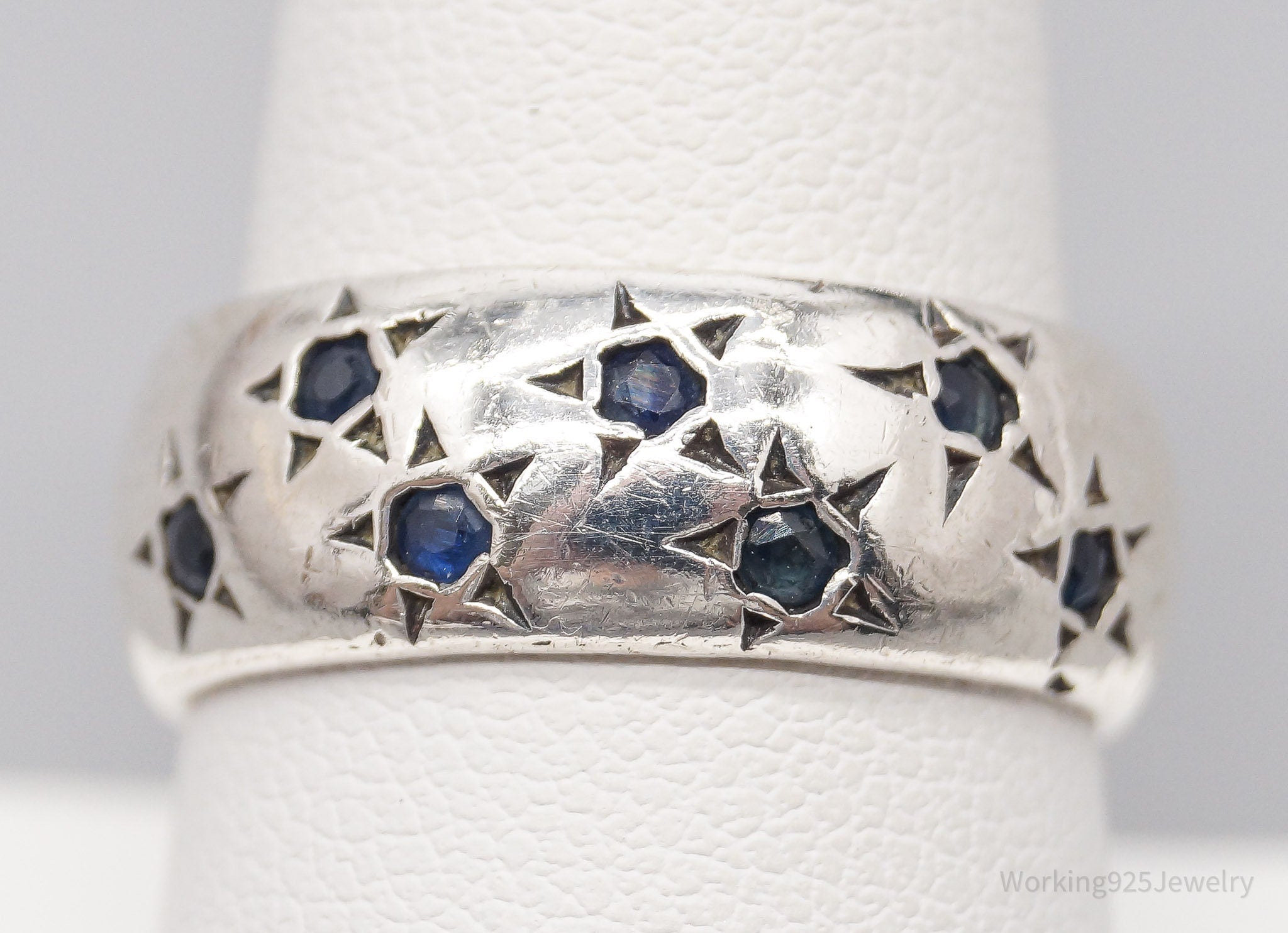 Vintage Sapphire Stars Israel Sterling Silver Band Ring - Size 8.75