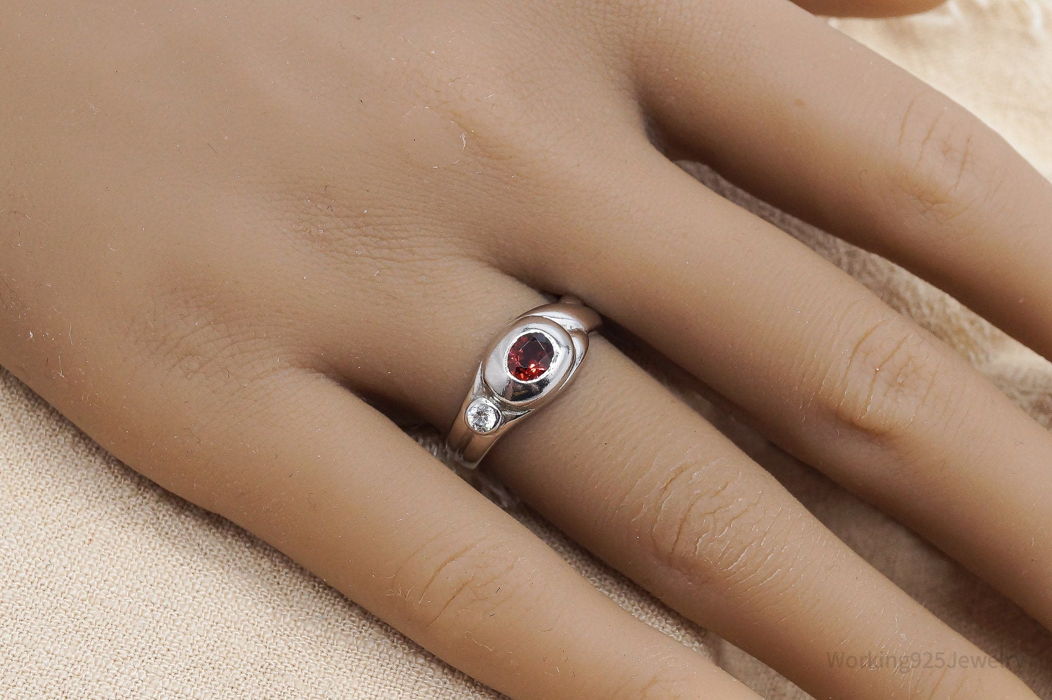 Vintage Garnet & Cubic Zirconia Sterling Silver Ring - Size 6.75