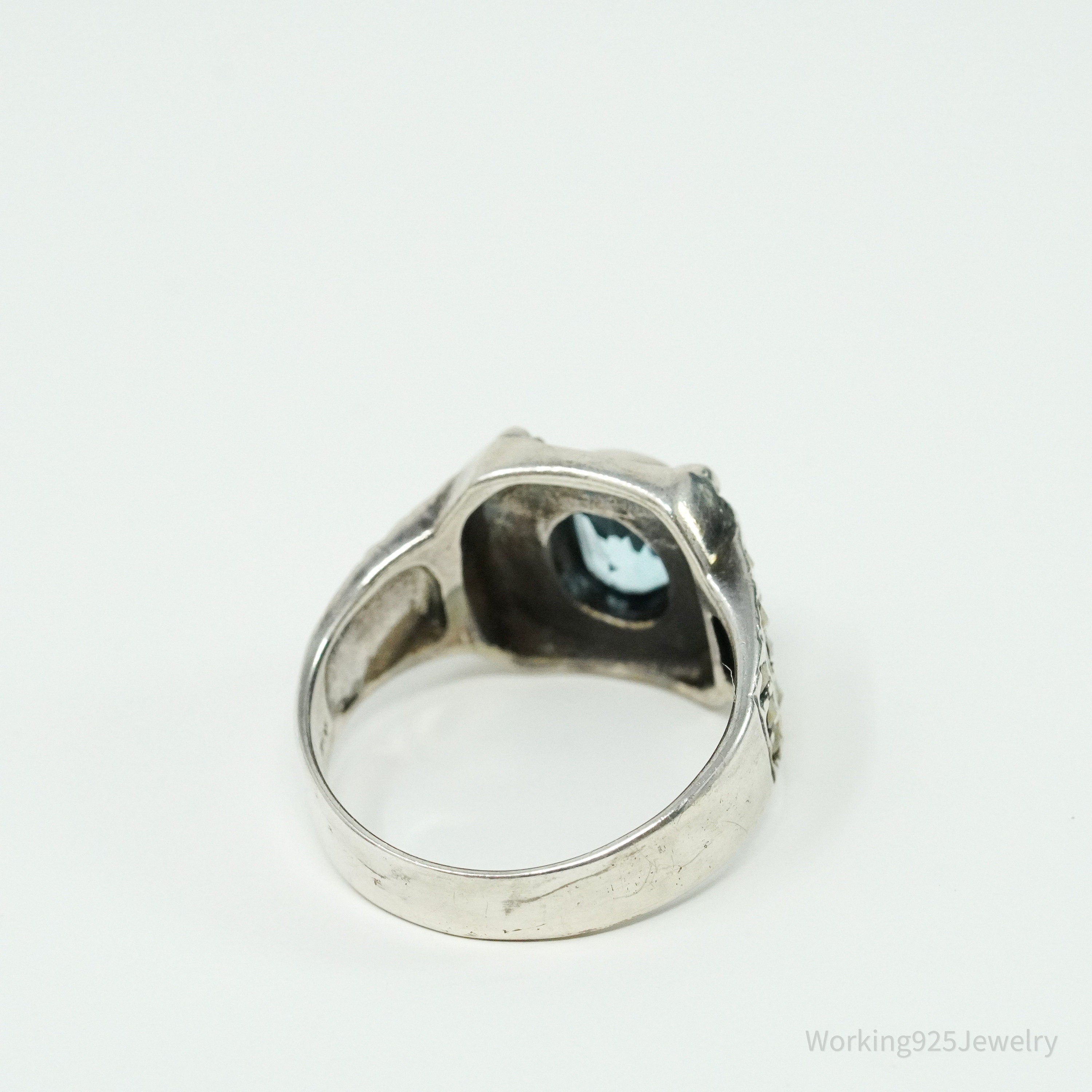 Vintage Blue Topaz & Marcasite Sterling Silver Ring - Size 7.75