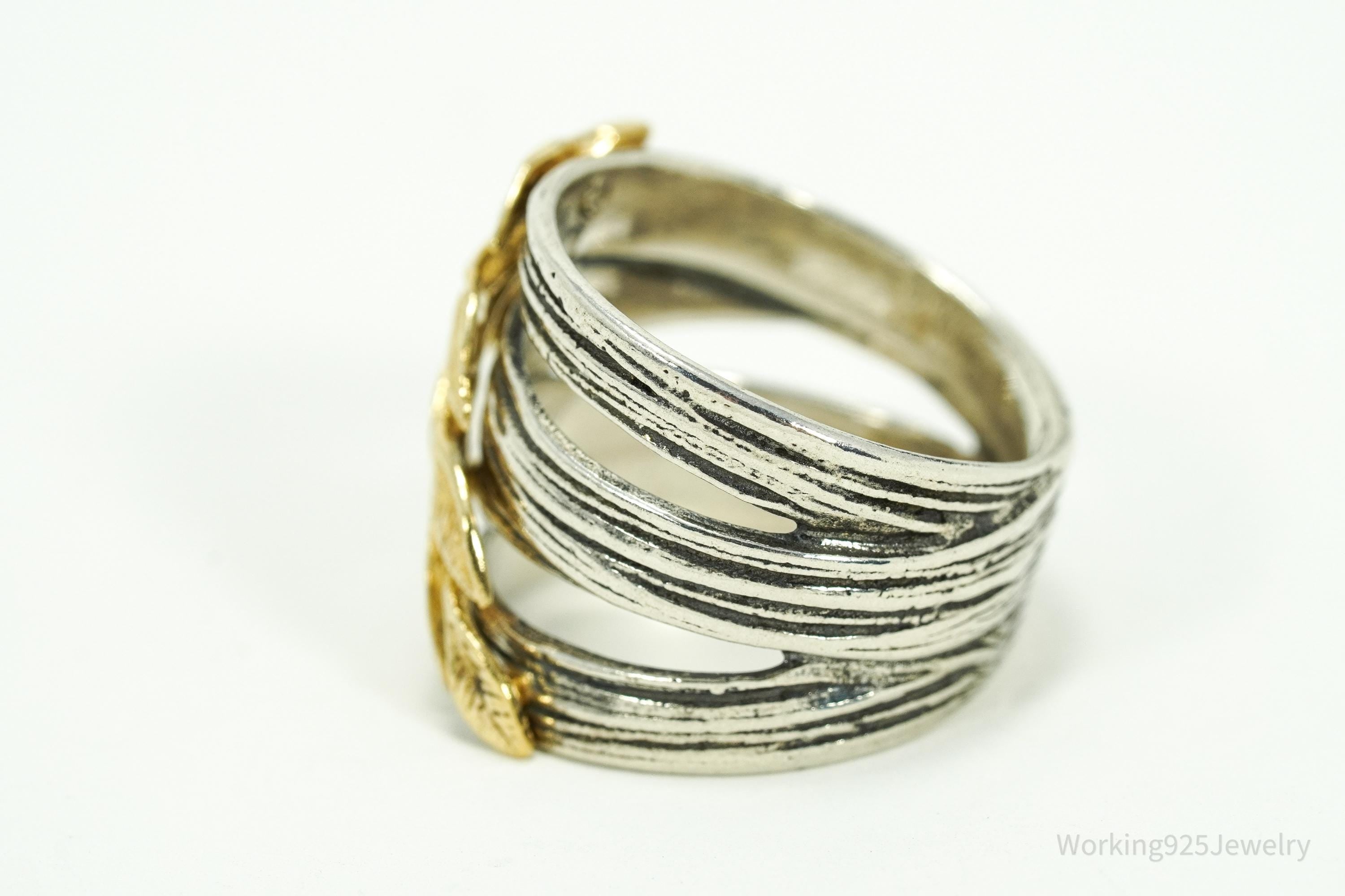 Vintage Israel Designer Paz Gold Vermeil Leaves Sterling Silver Ring Size 6.75