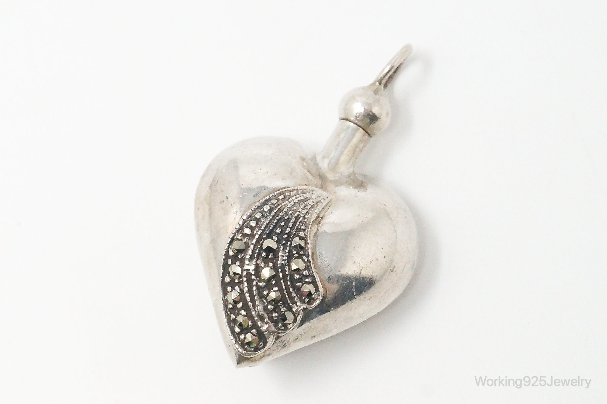 Vintage Marcasite Perfume Flask Bottle Heart Sterling Silver Pendant