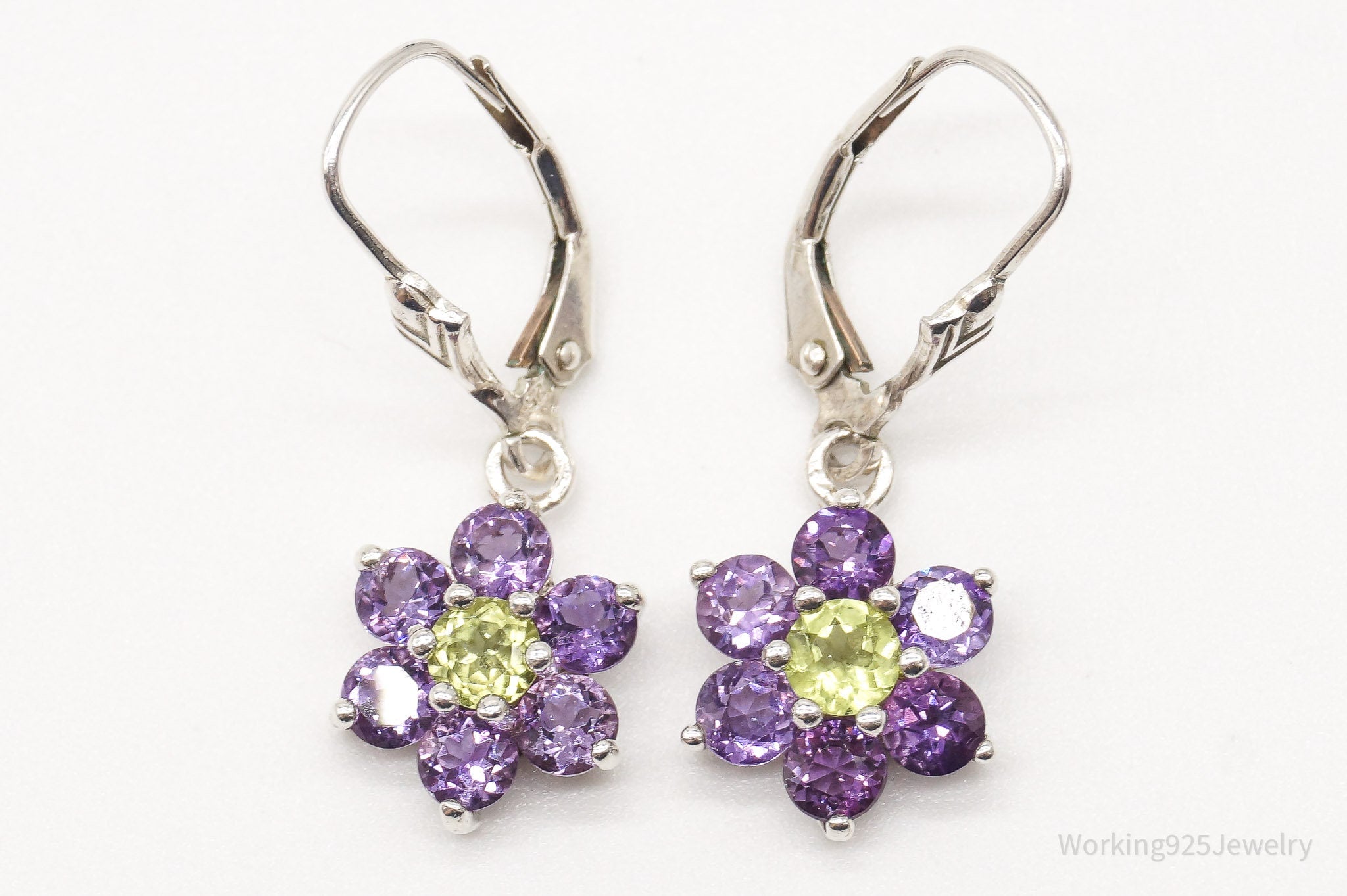 Vintage Peridot Amethyst Flowers Sterling Silver Earrings