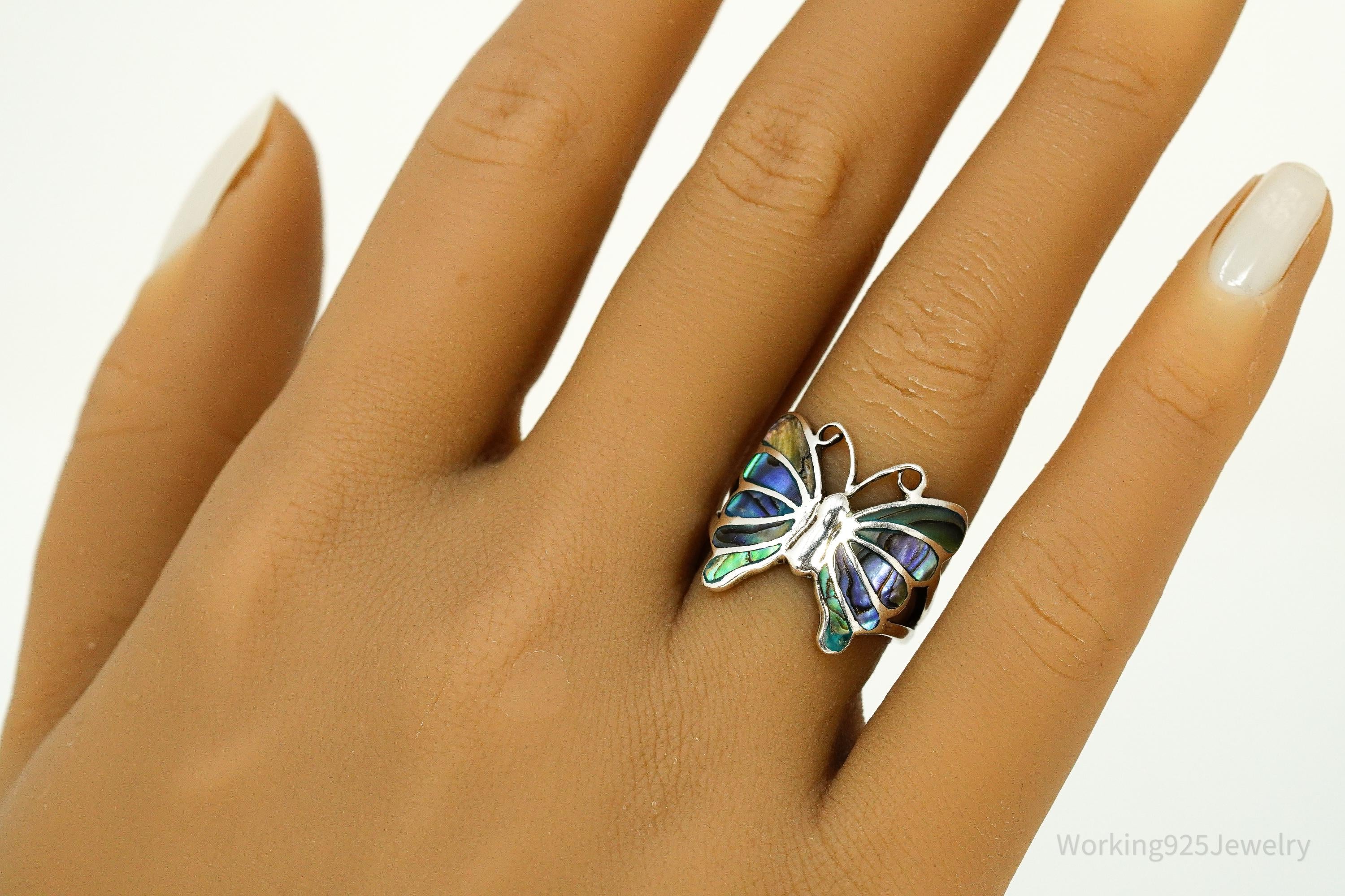 Vintage Abalone Paua Shell Inlay Sterling Silver Butterfly Ring - Size 7