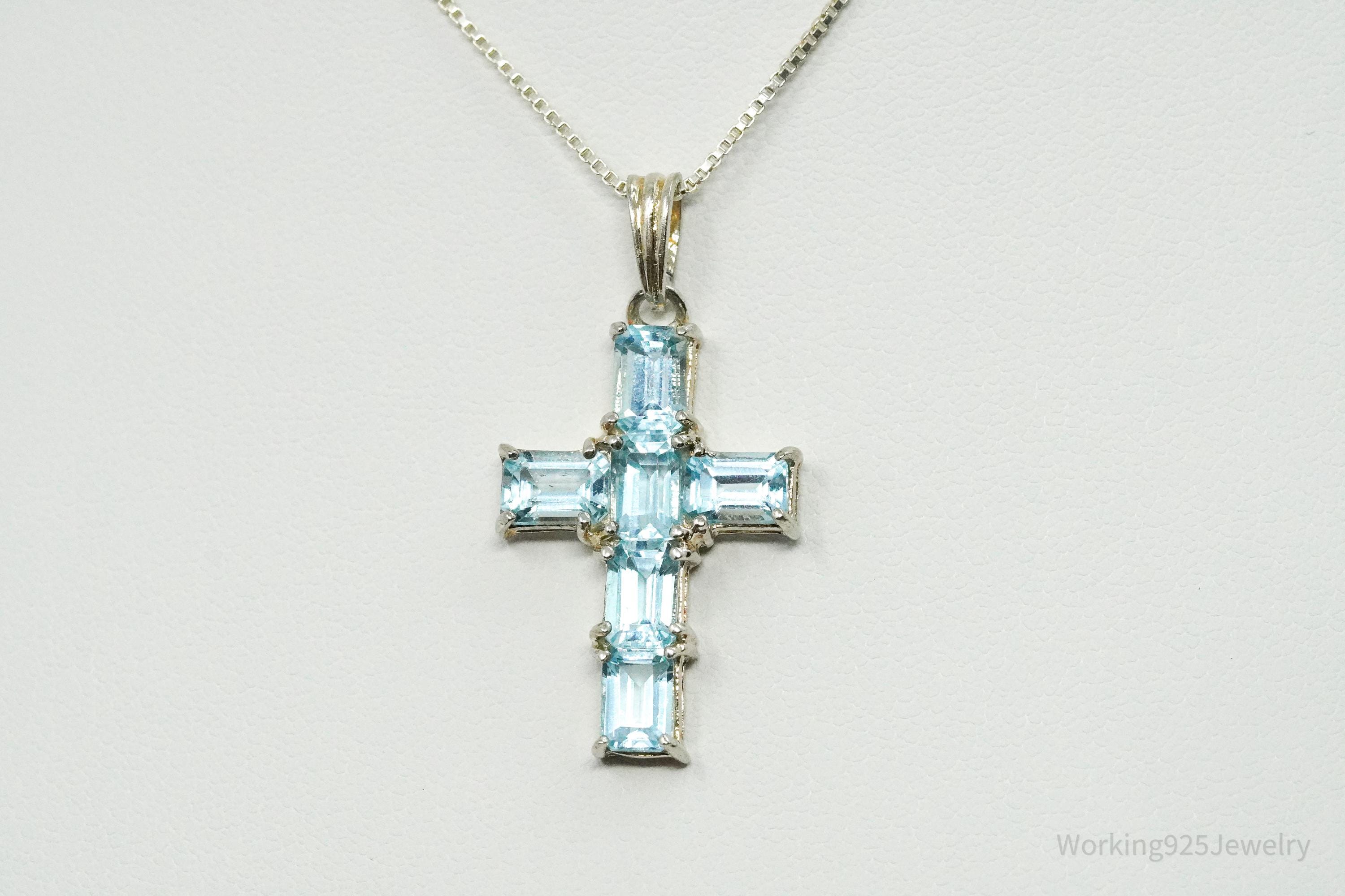 Vintage Blue Topaz Cross Sterling Silver Necklace 18"