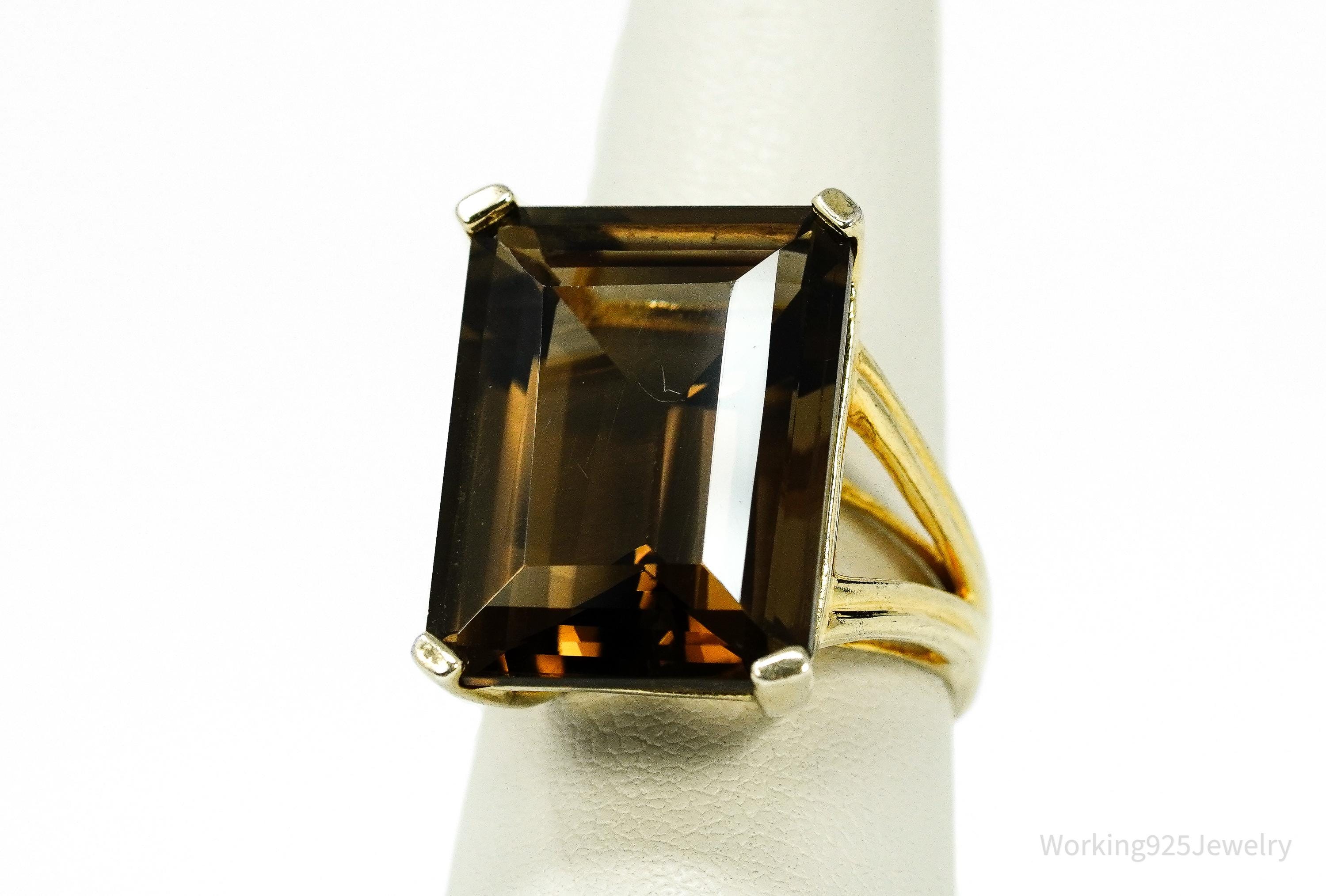 Vintage Large Smoky Topaz Gold Vermeil Sterling Silver Ring - Size 7.5