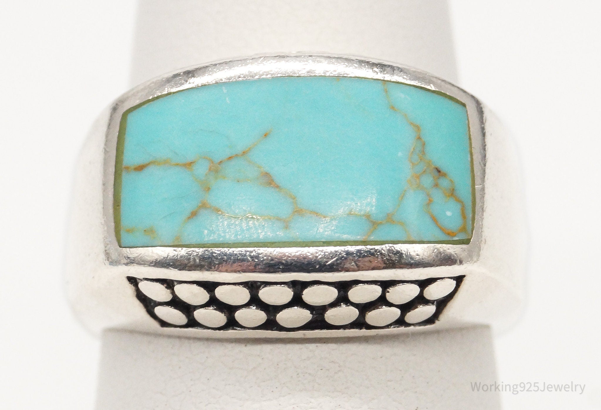 Vintage Large Turquoise Bali Inspired Sterling Silver Ring - Size 5.75