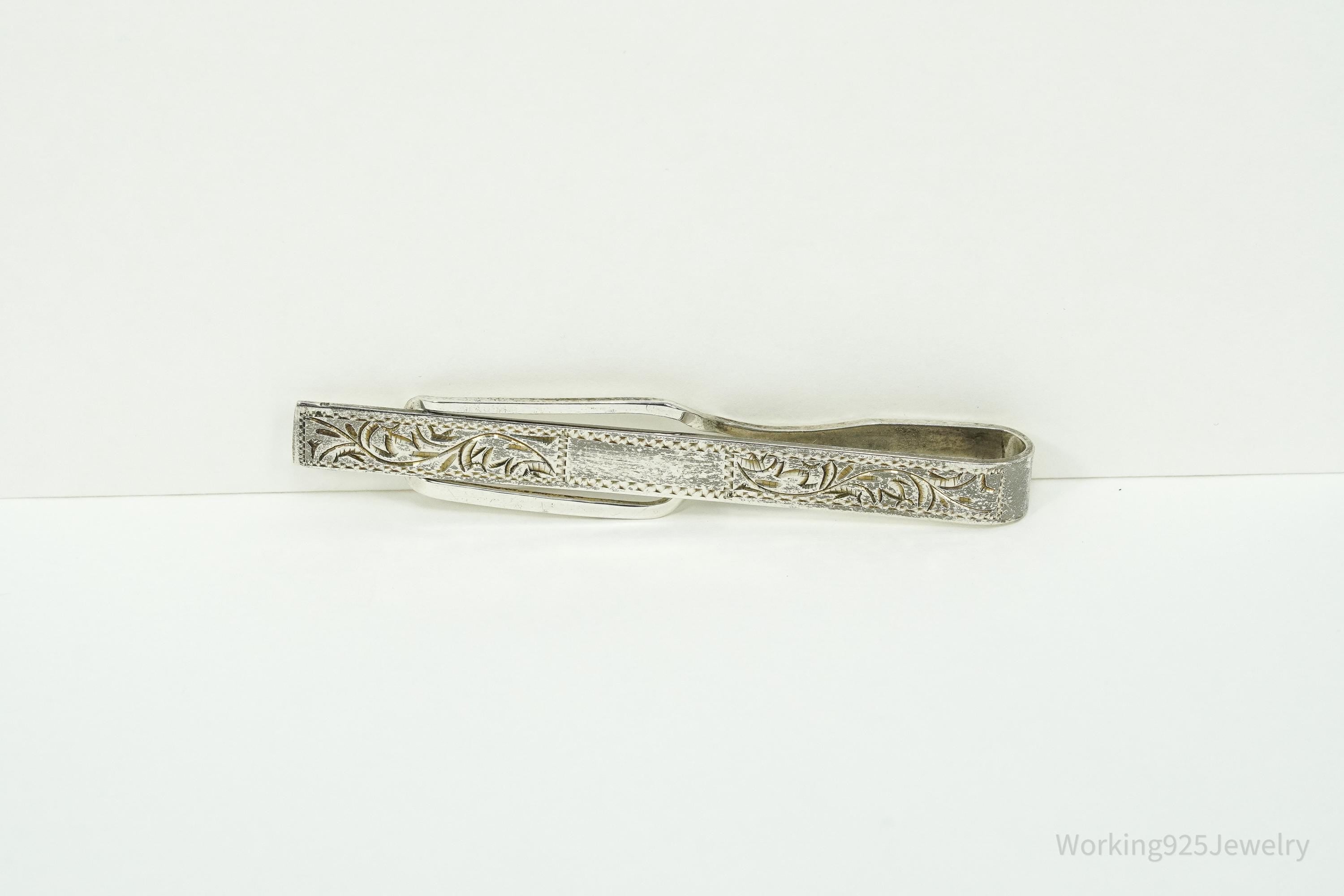 Vintage Floral Etched 950 Sterling Silver Money Clip Tie Clip