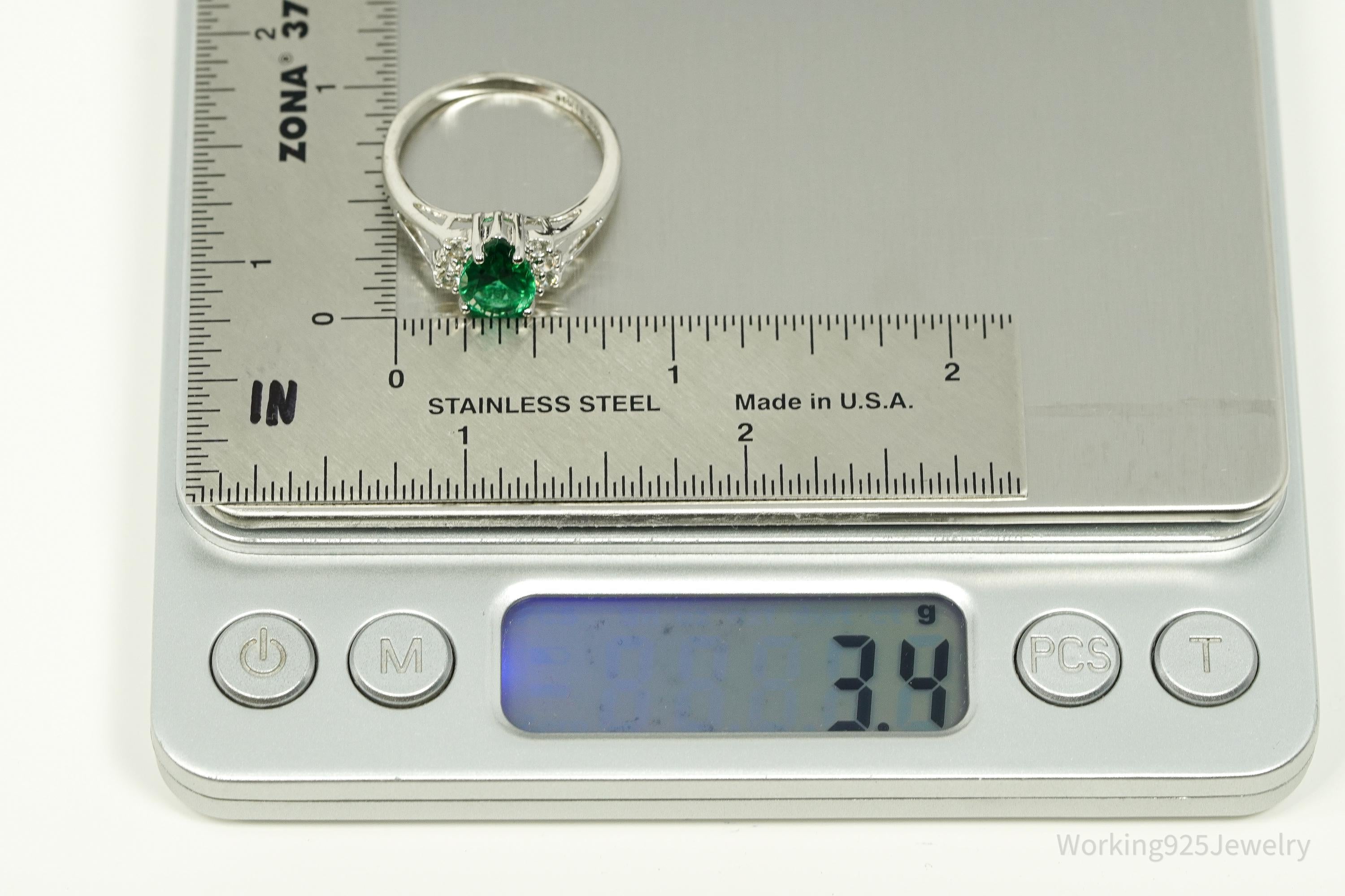 Vintage Faux Emerald Cubic Zirconia Sterling Silver Ring - Size 9.25