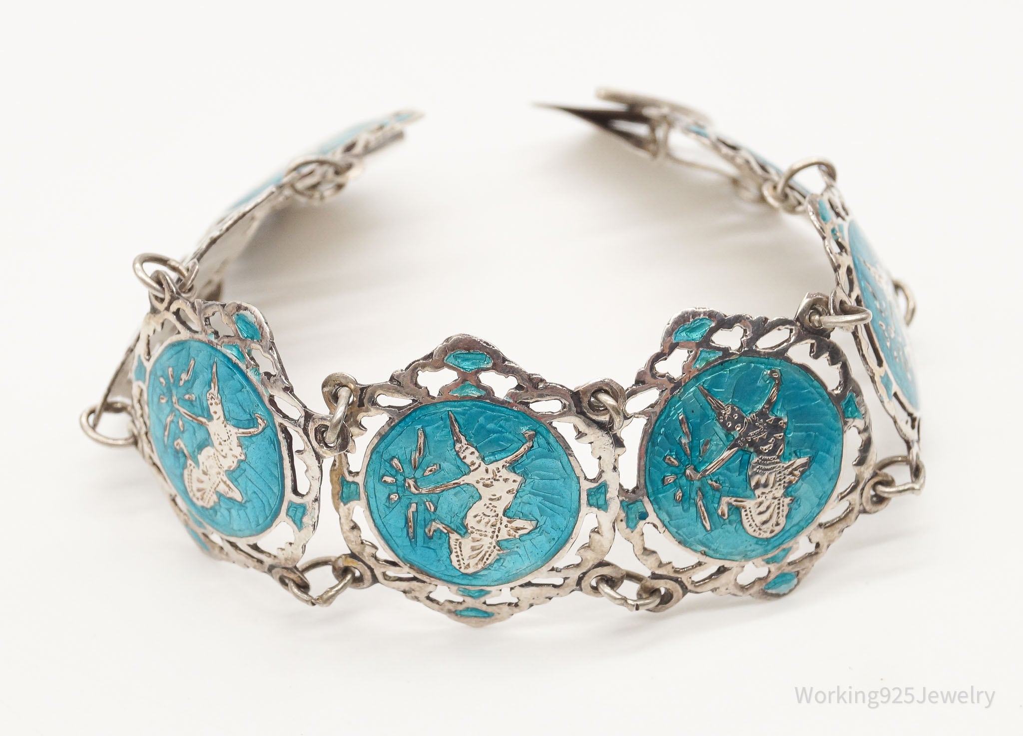 Vintage SIAM Blue Enamel Goddess Lightening Dancers Sterling Silver Bracelet