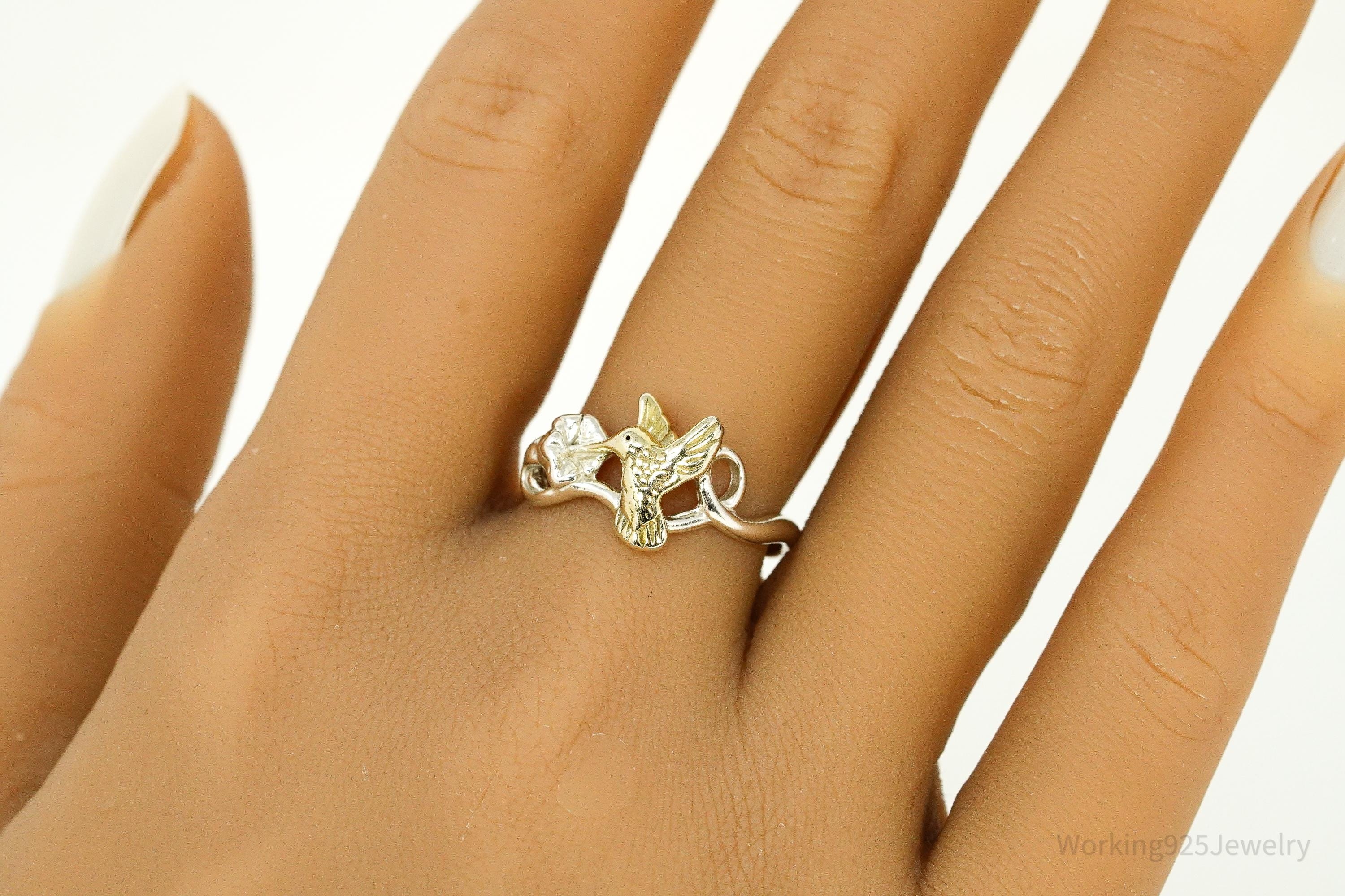 Vintage Gold Vermeil Sterling Silver Humming Bird & Flower Ring - Size 8.75
