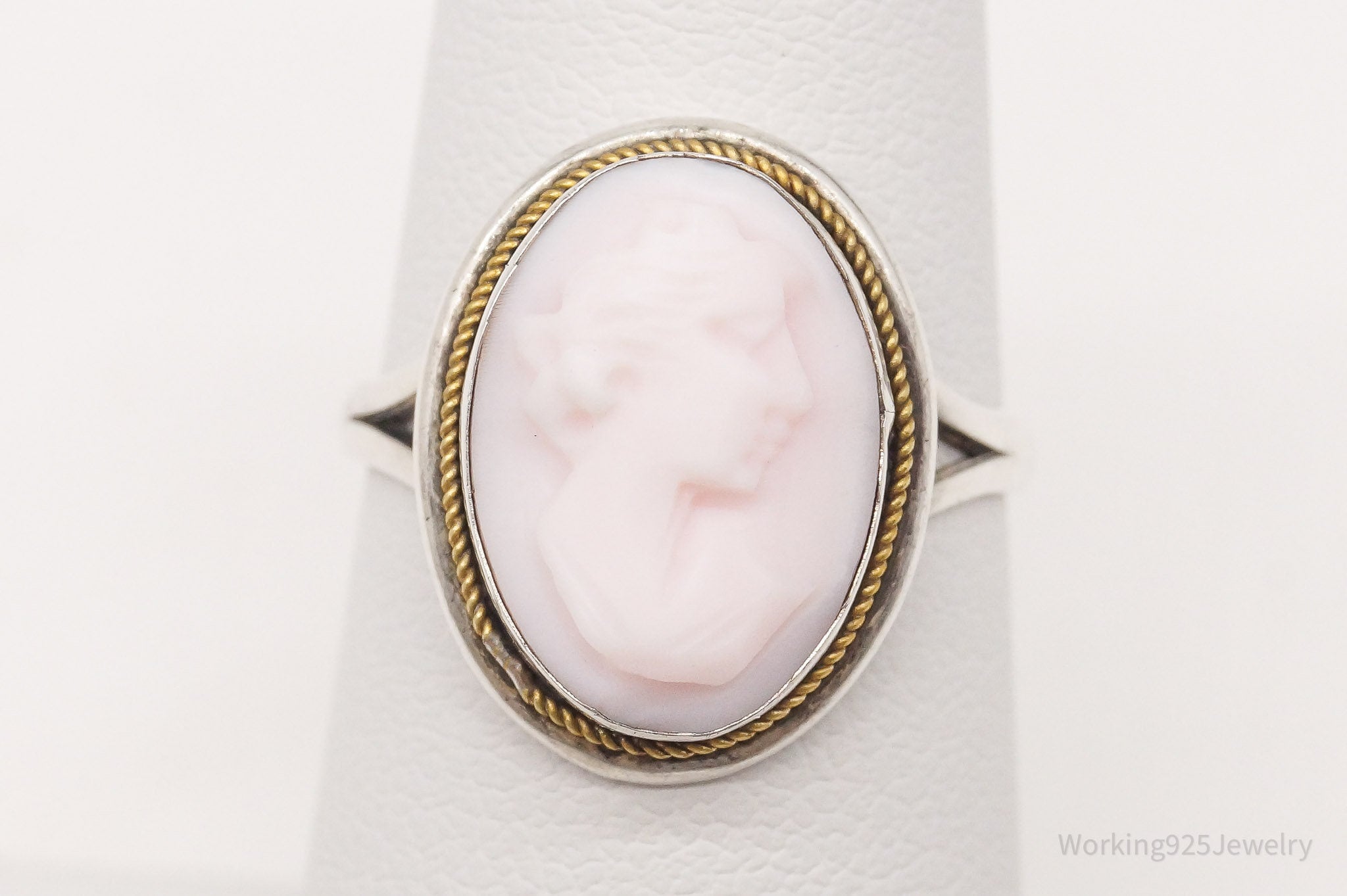 Antique Carved Shell Woman Cameo 800 Silver Ring - Size 6.25