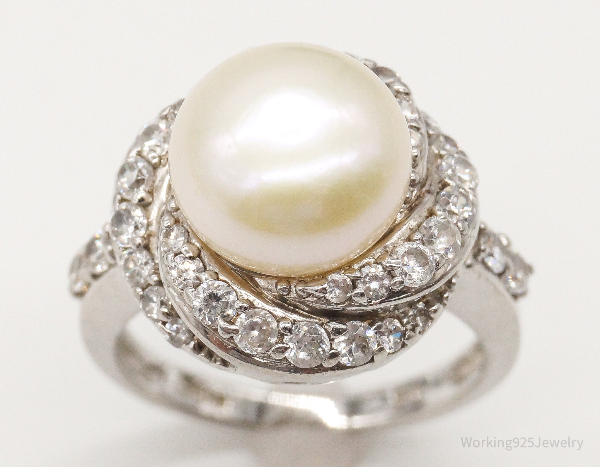 Vintage Pearl Cubic Zirconia Sterling Silver Ring - Size 6