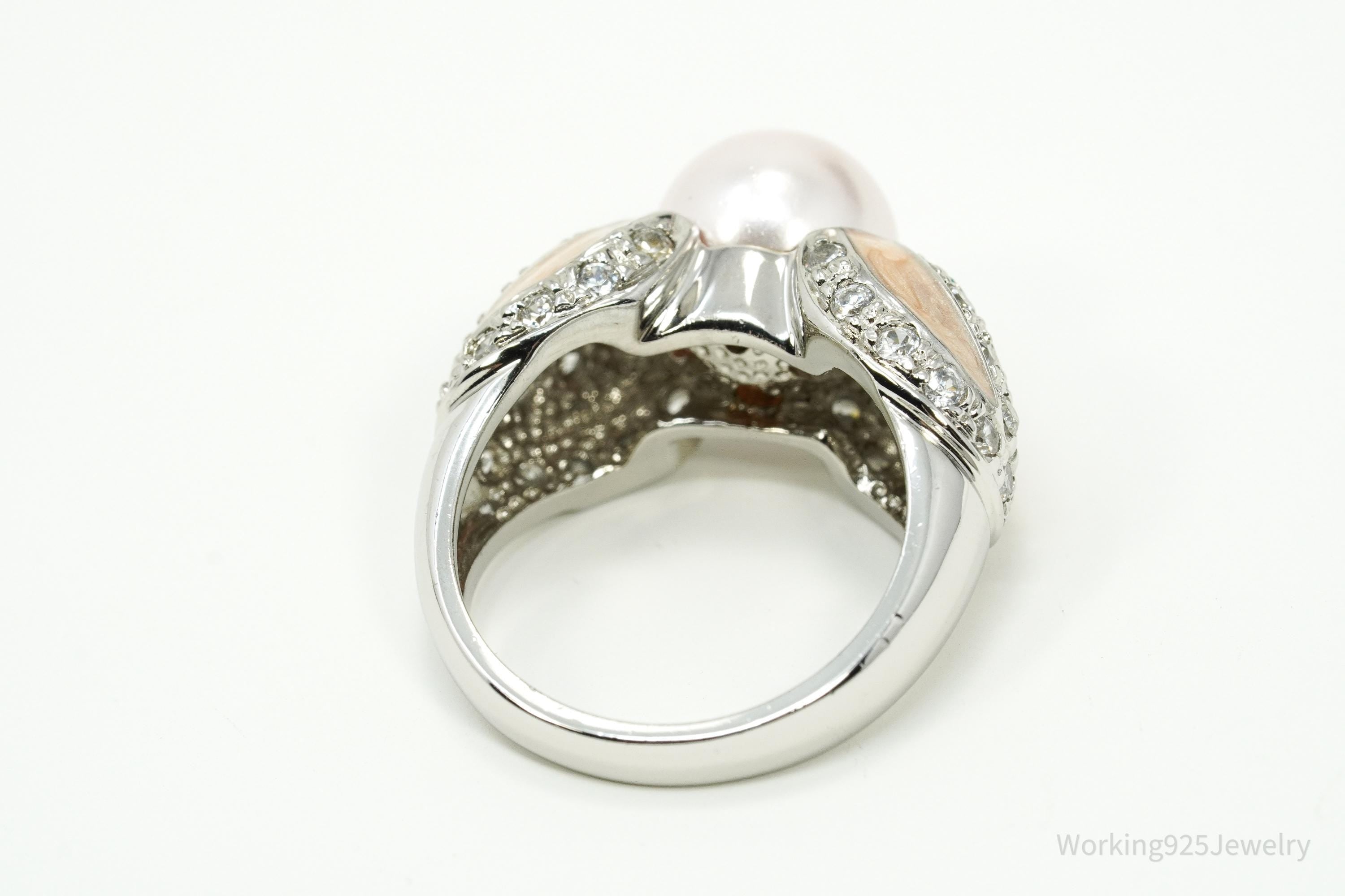 Vintage Ross Simons Pearl & Cubic Zirconia Enamel Sterling Silver Ring - Size 6.75