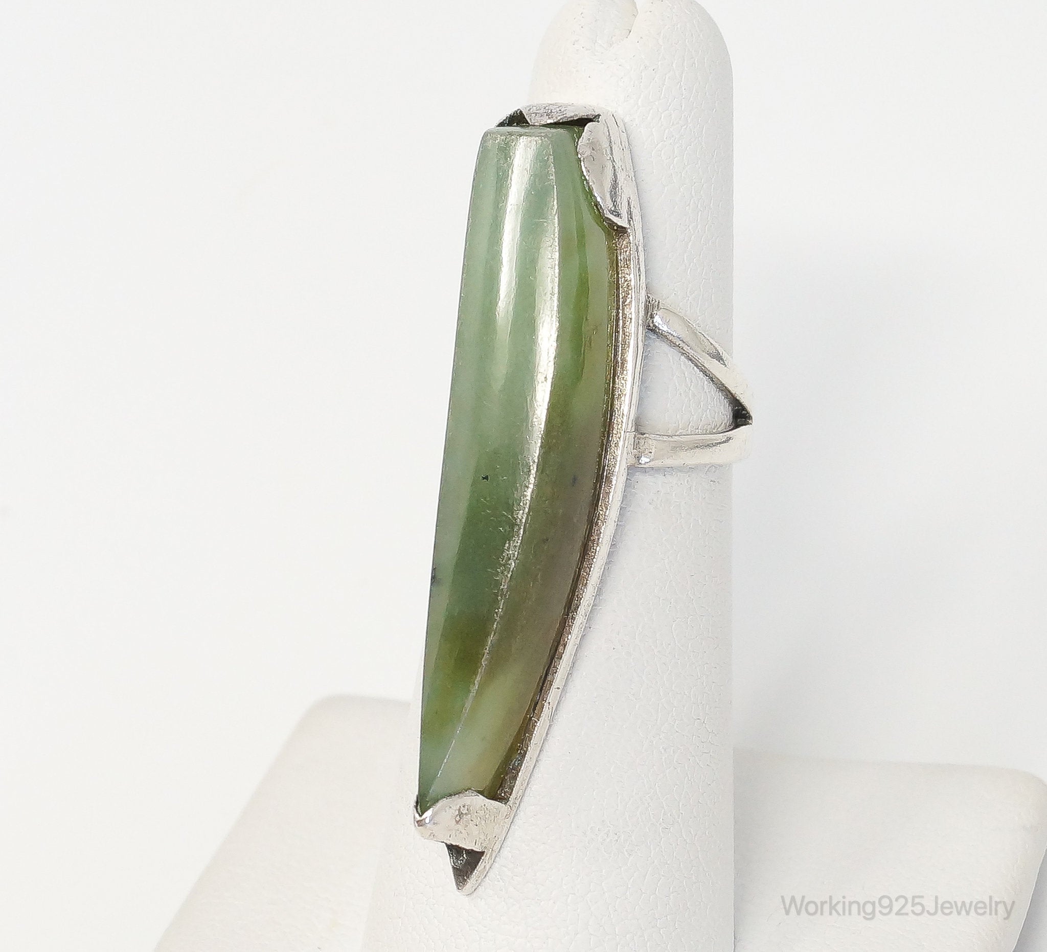 Vintage Long Green Prehnite Sterling Silver Ring - Size 5.25