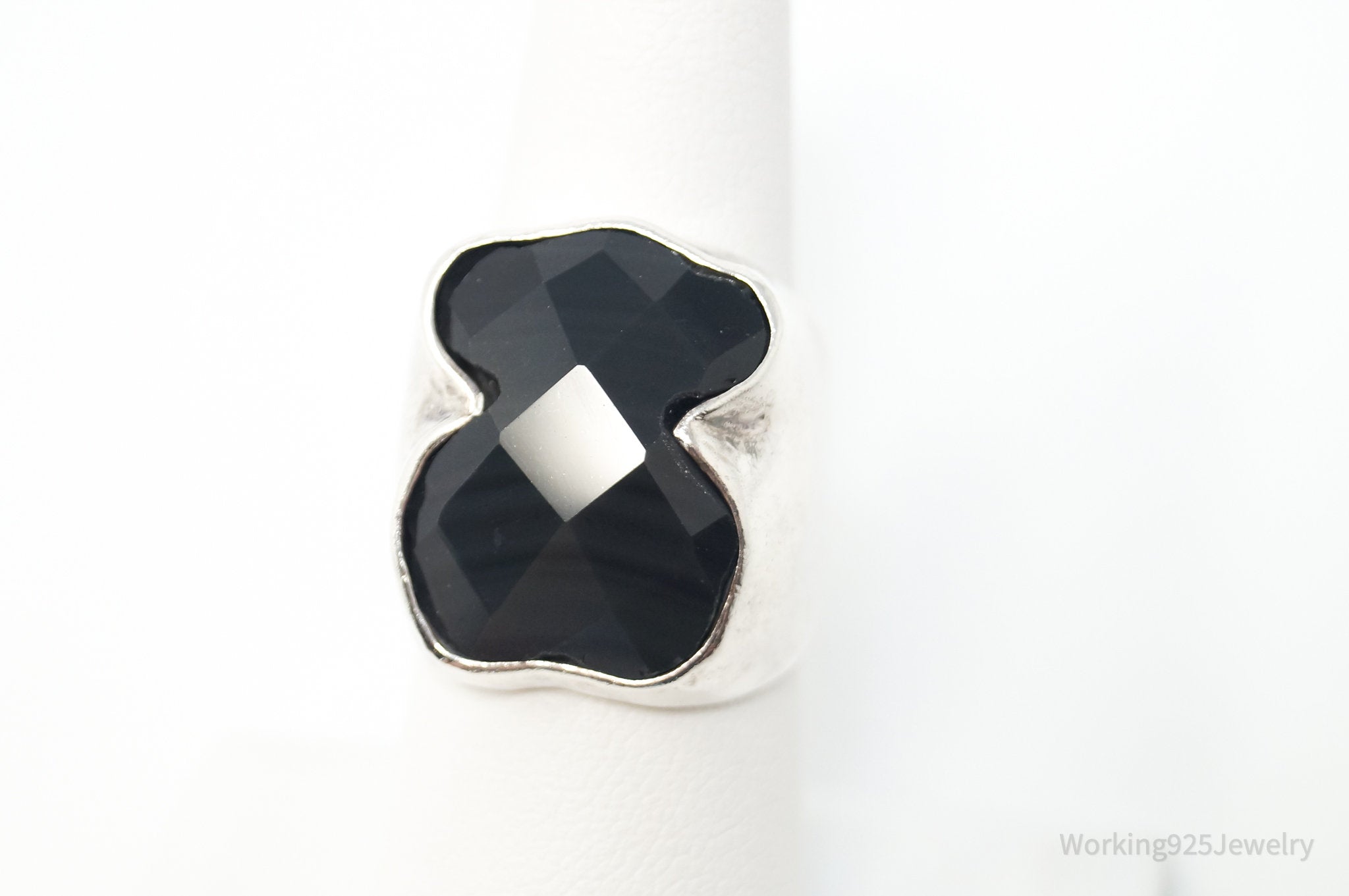 Vintage Large Black Glass 950 Silver Statement Ring - Sz 7.25