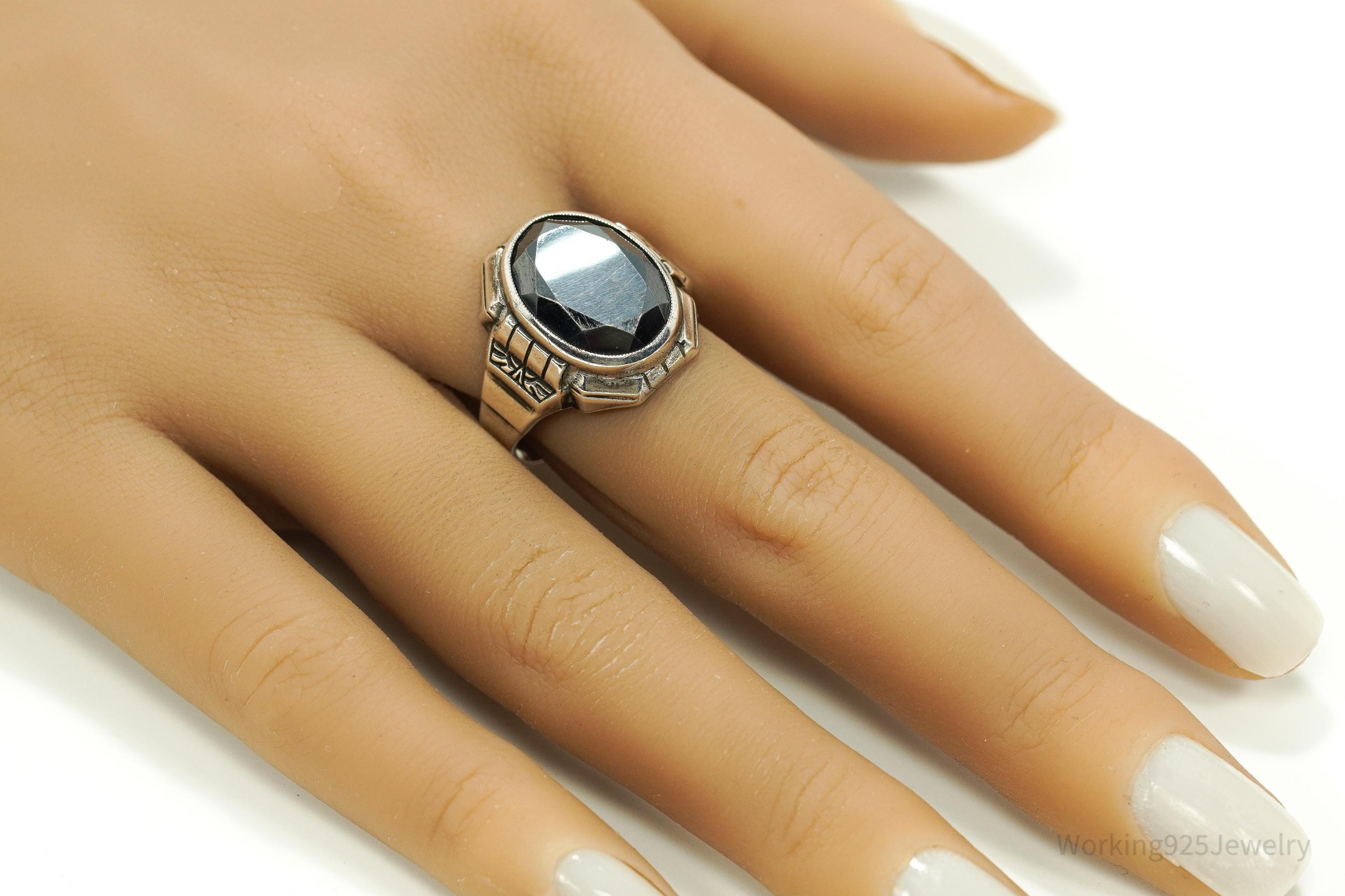 Antique Uncas MFG CO Hematite Sterling Silver Ring Size 10.75
