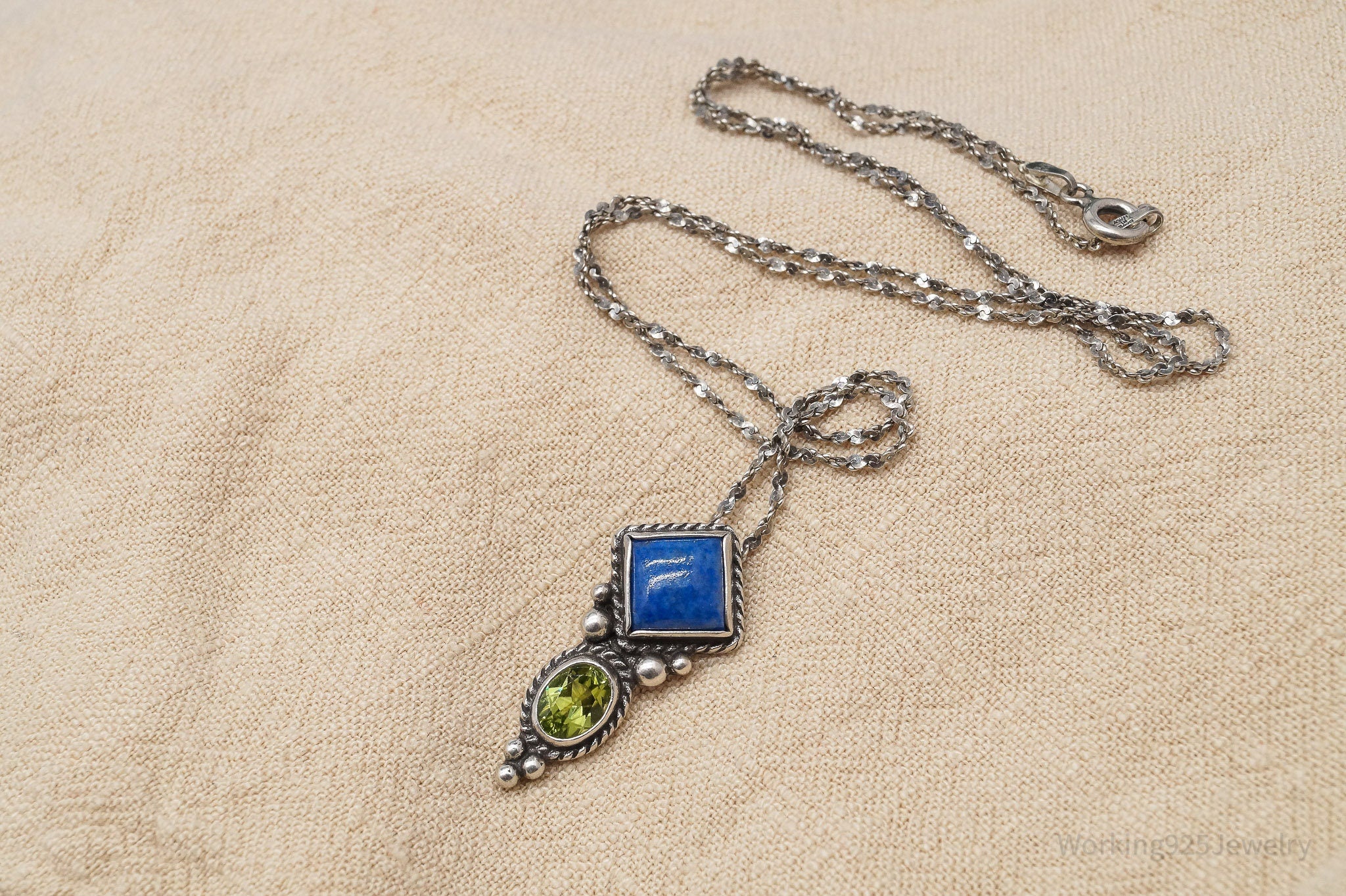 Vintage Lapis Lazuli Peridot Sterling Silver Necklace 20"