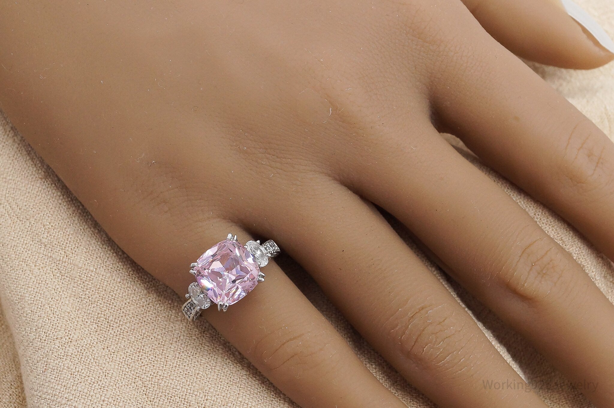 Vintage Large Pink & White Cubic Zirconia Sterling Silver Ring - Size 6