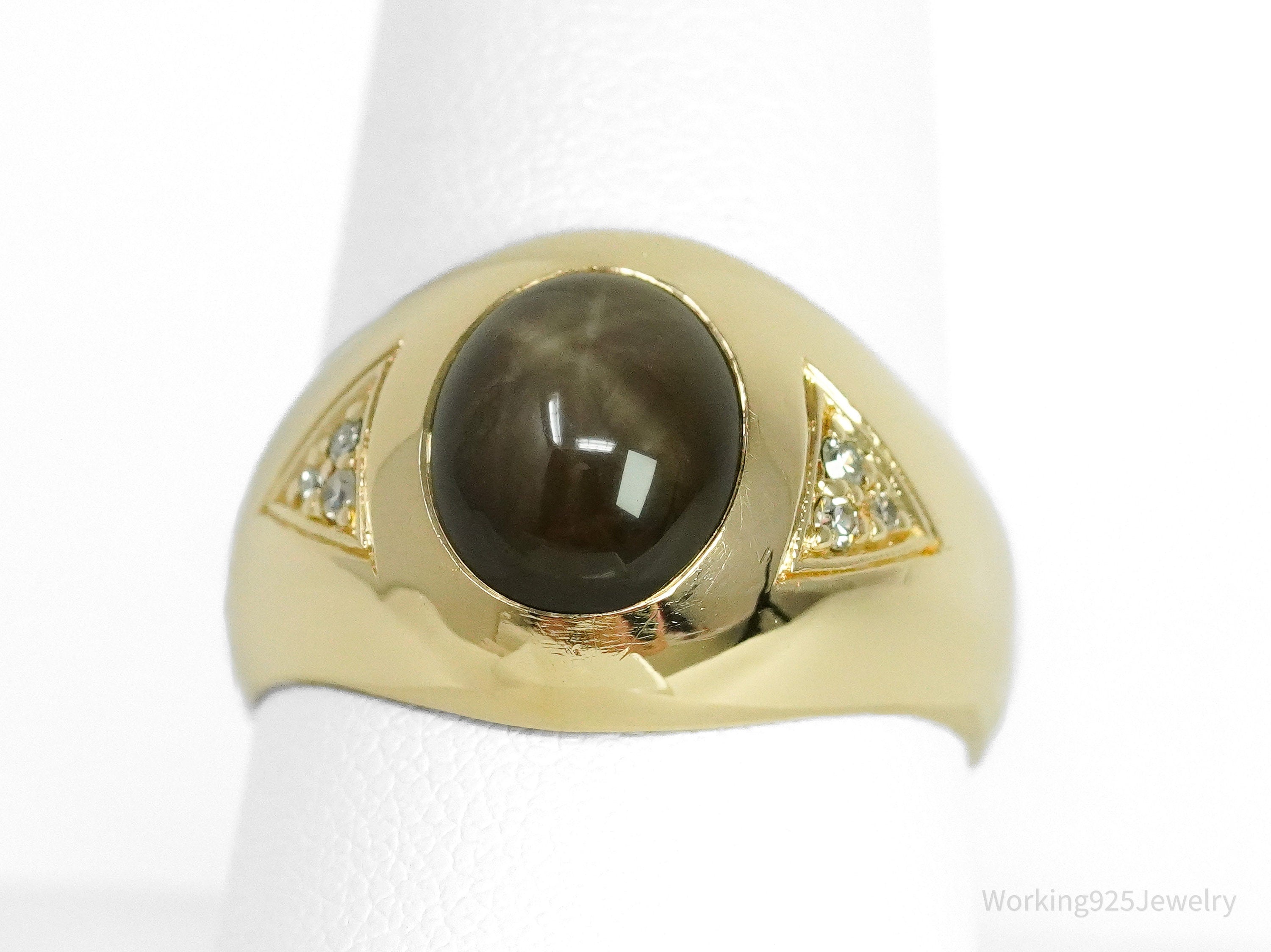 14K Yellow Gold, Synthetic Star Sapphire & Diamond Ring - Size 9.5