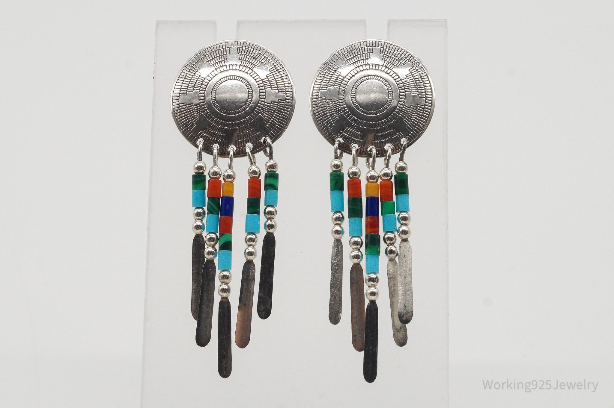 Vintage Native American Multi Gem Bead Sterling Silver Earrings