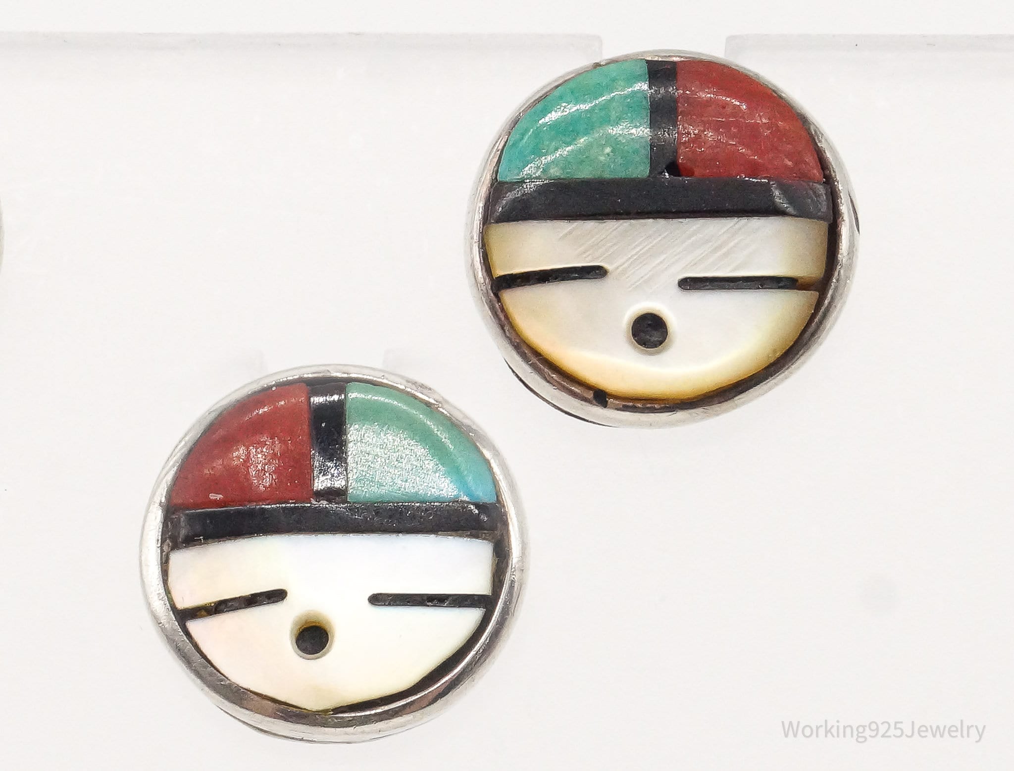 Vintage Native American Zuni Multi Gemstone Silver Earrings