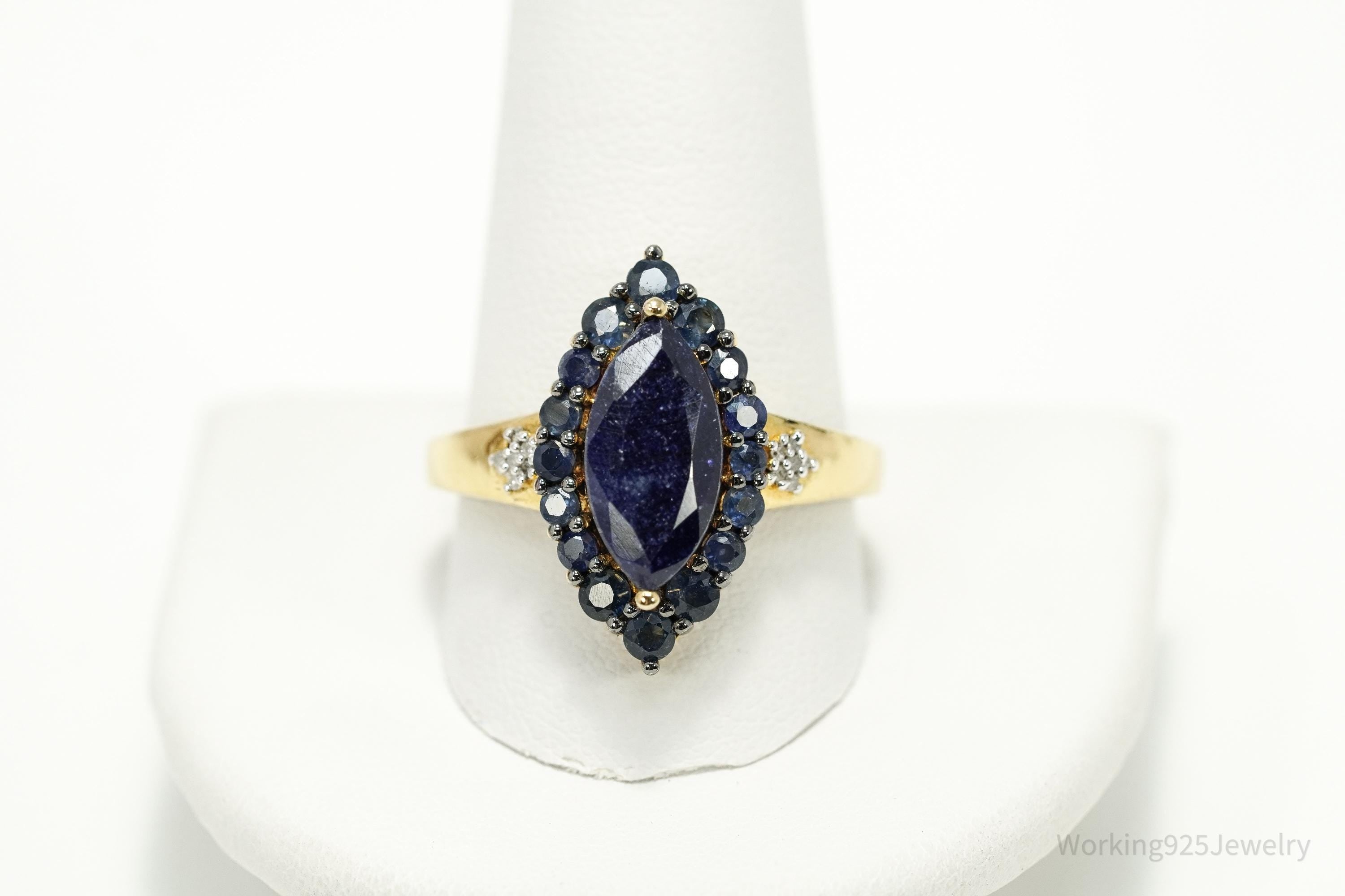 Vintage 70s Sapphire & Diamond Marquise Gold Over Sterling Cocktail Ring Sz 12
