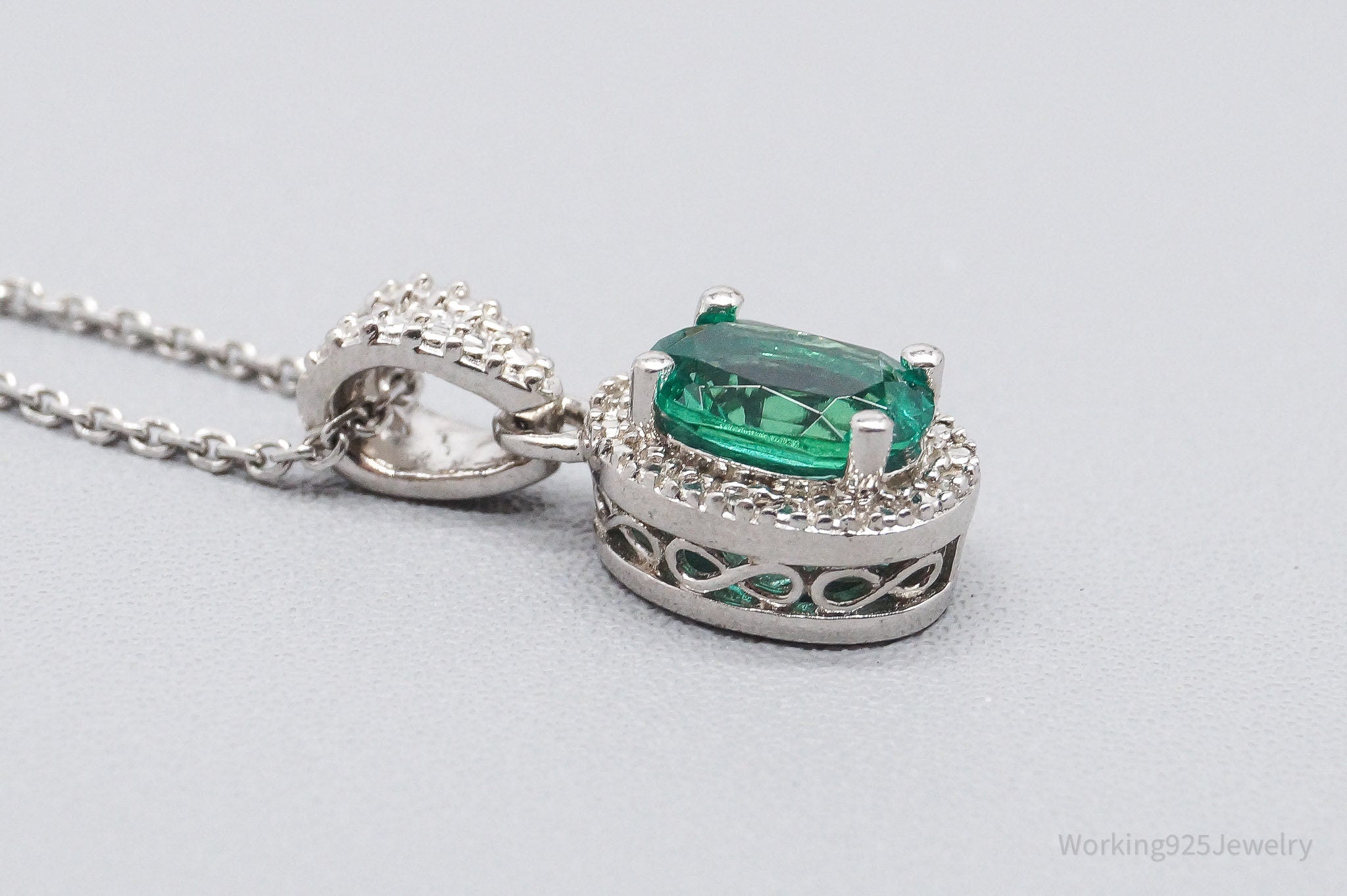 Vintage Lab Emerald Diamond Sterling Silver Necklace 22" Adjustable