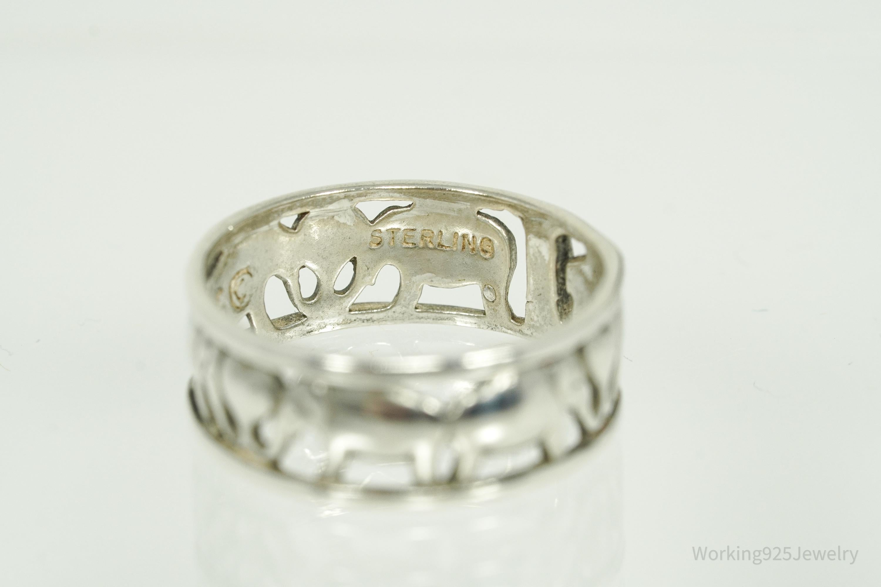 Vintage Elephants Sterling Silver Band Ring - Size 6.25