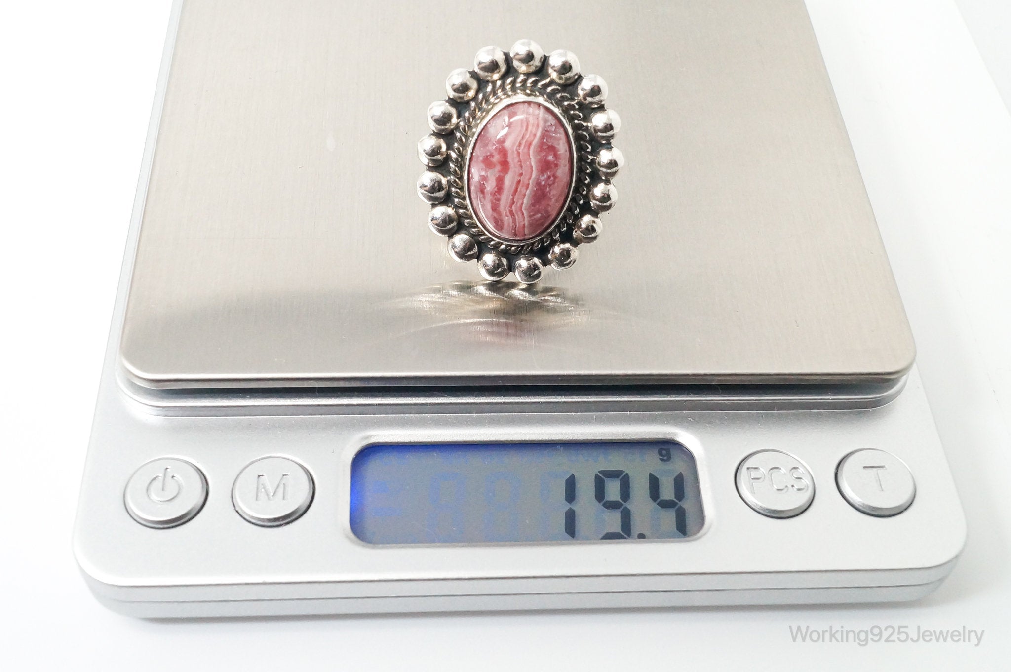 Vintage Mexico Artisan MWS Rhodochrosite Southwest Sterling Silver Ring Sz 9.75