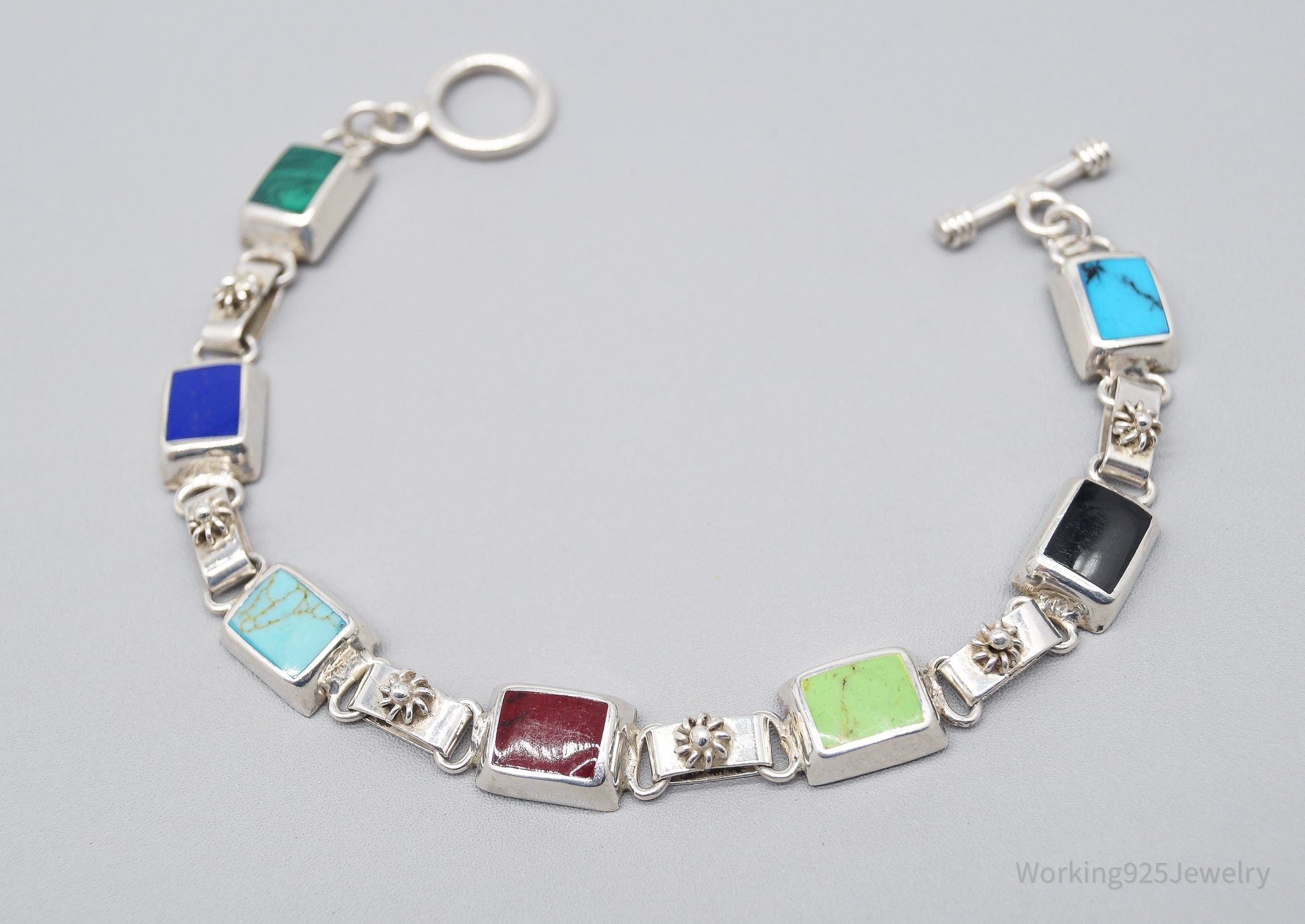 Vintage Mexico Multi Gemstone Inlay Sterling Silver Toggle Bracelet 8"