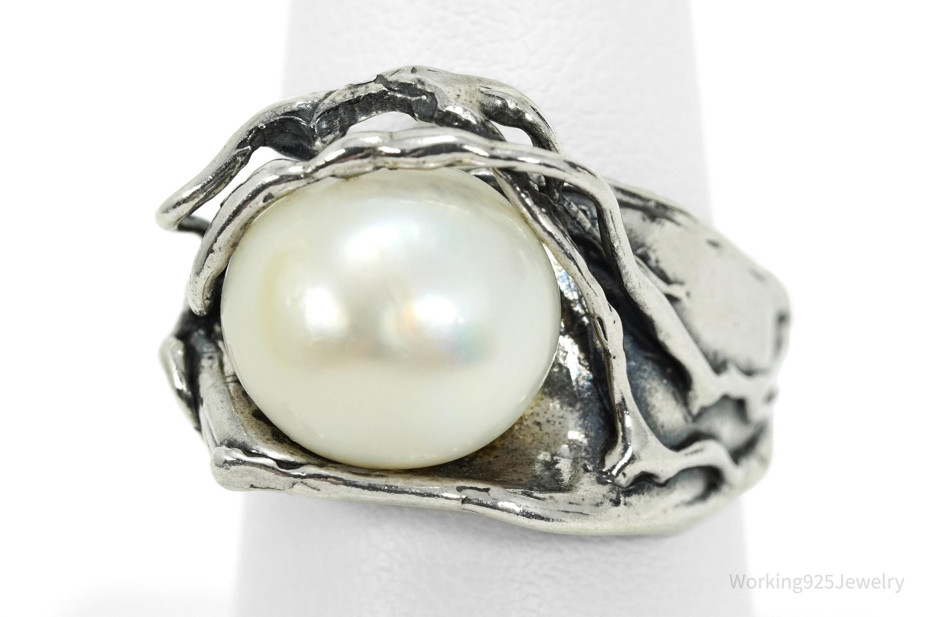 Vintage Brutalist Style Pearl Sterling Silver Israel Ring - Size 8.25