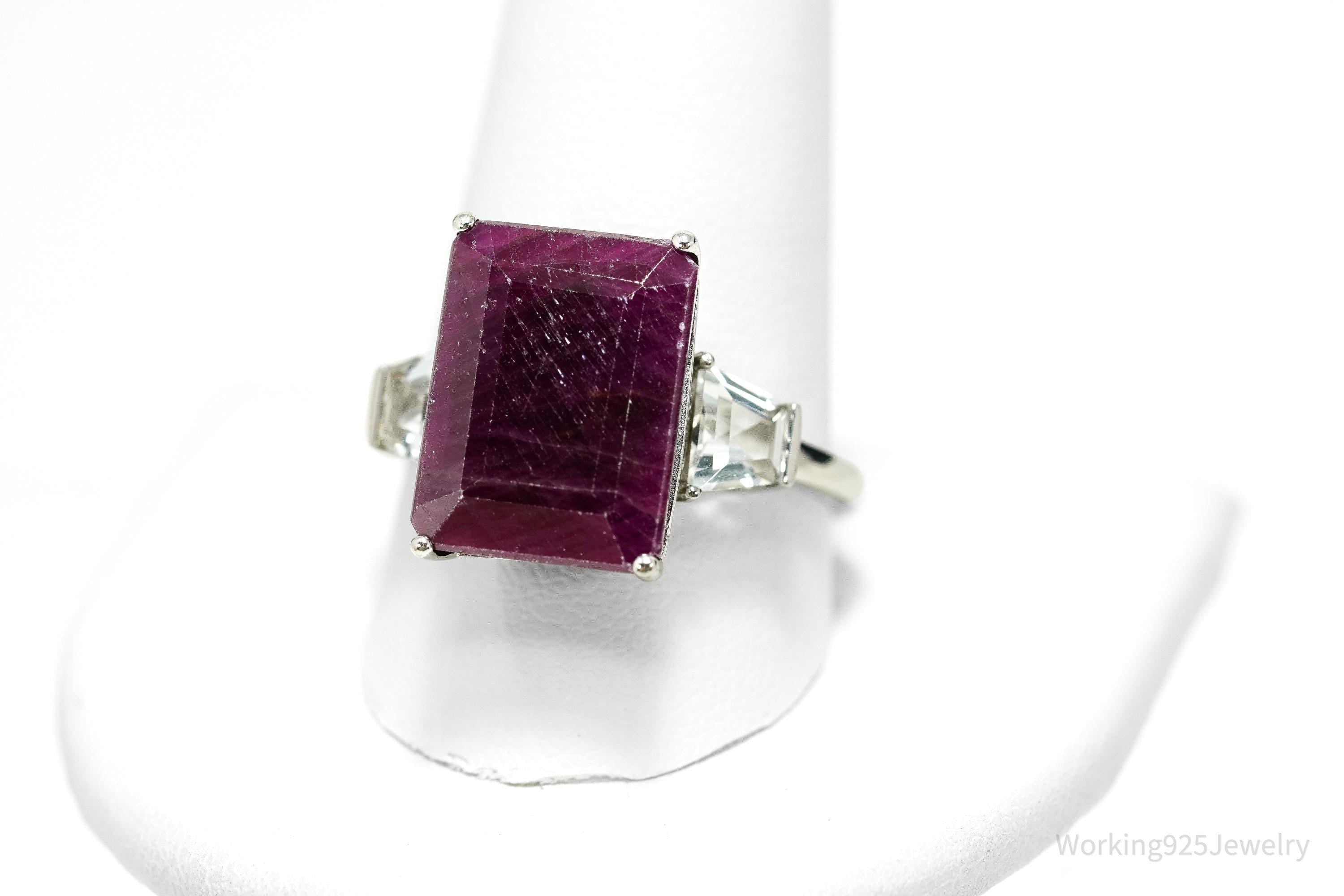Vintage Ruby & White Topaz \ Sterling Silver Ring - Size 11