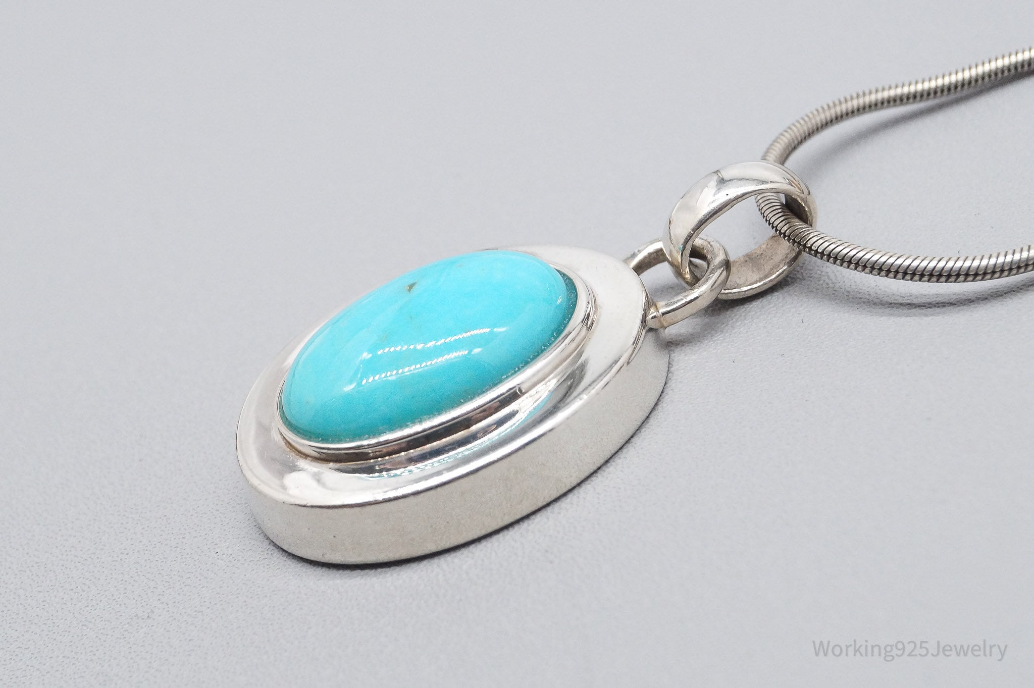 Vintage Large Blue Turquoise Pendant Sterling Silver Necklace 24"