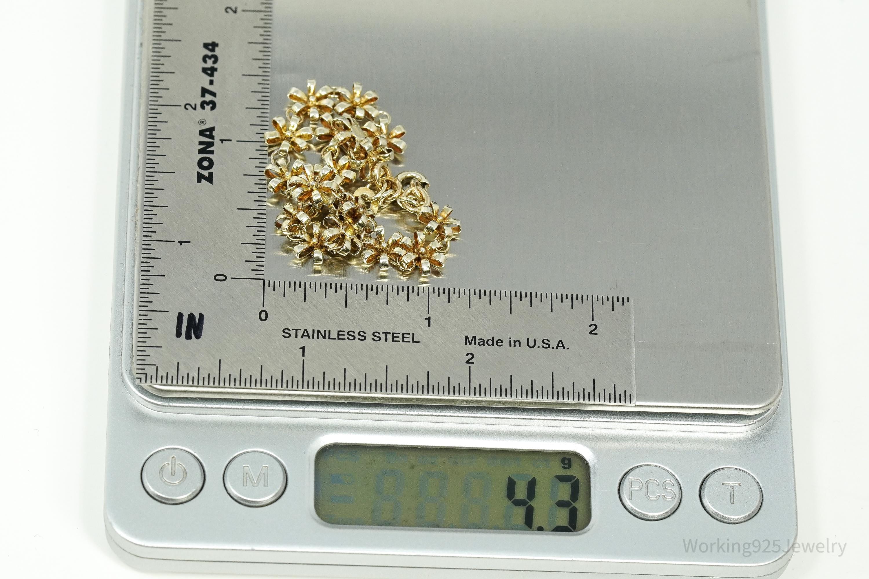 Vintage Flower Gold Vermeil Sterling Silver Bracelet 7.75"