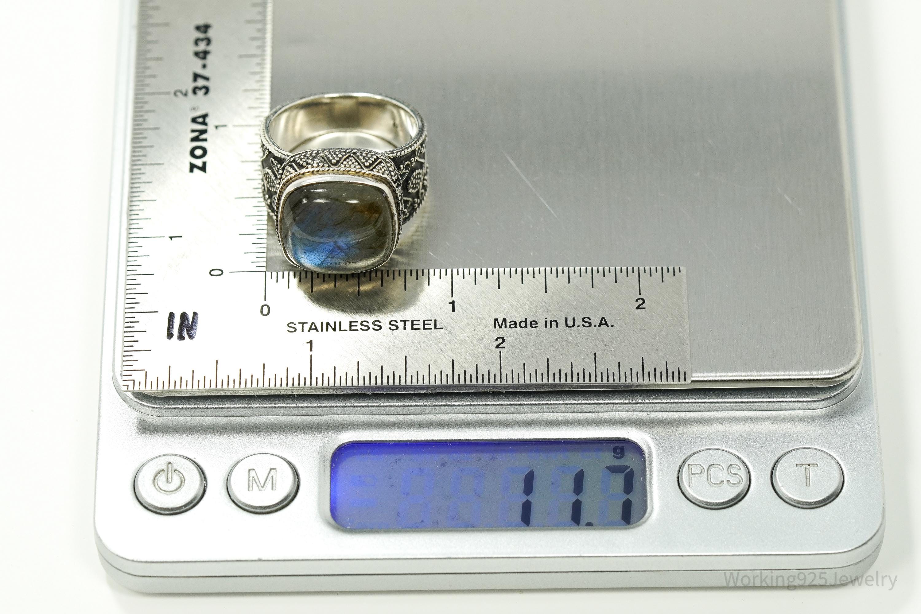 Vintage Large Labradorite Ornate Sterling Silver Ring - SZ 10.25