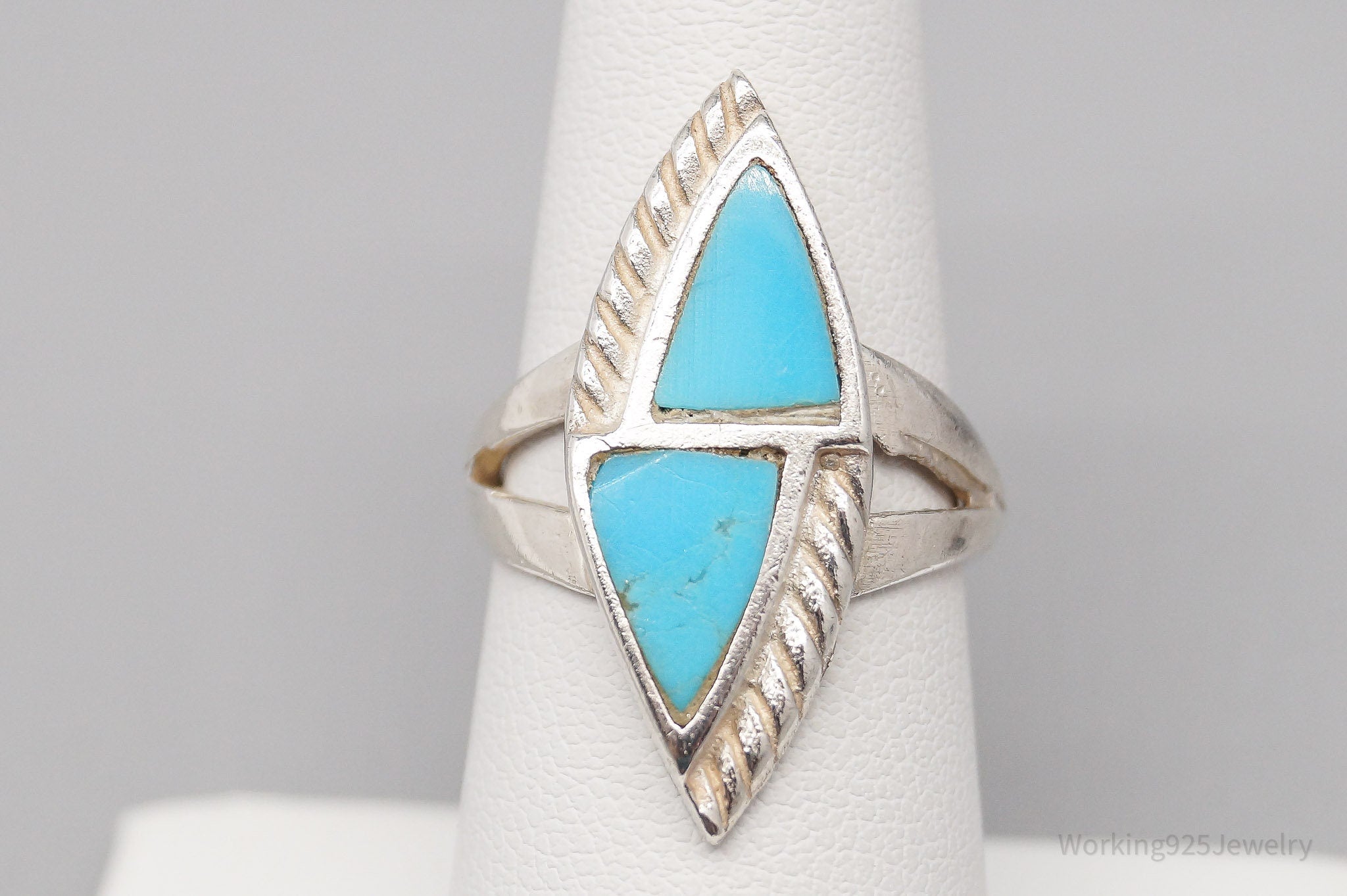 Vintage Native American Turquoise Inlay Silver Ring - Size 7.25