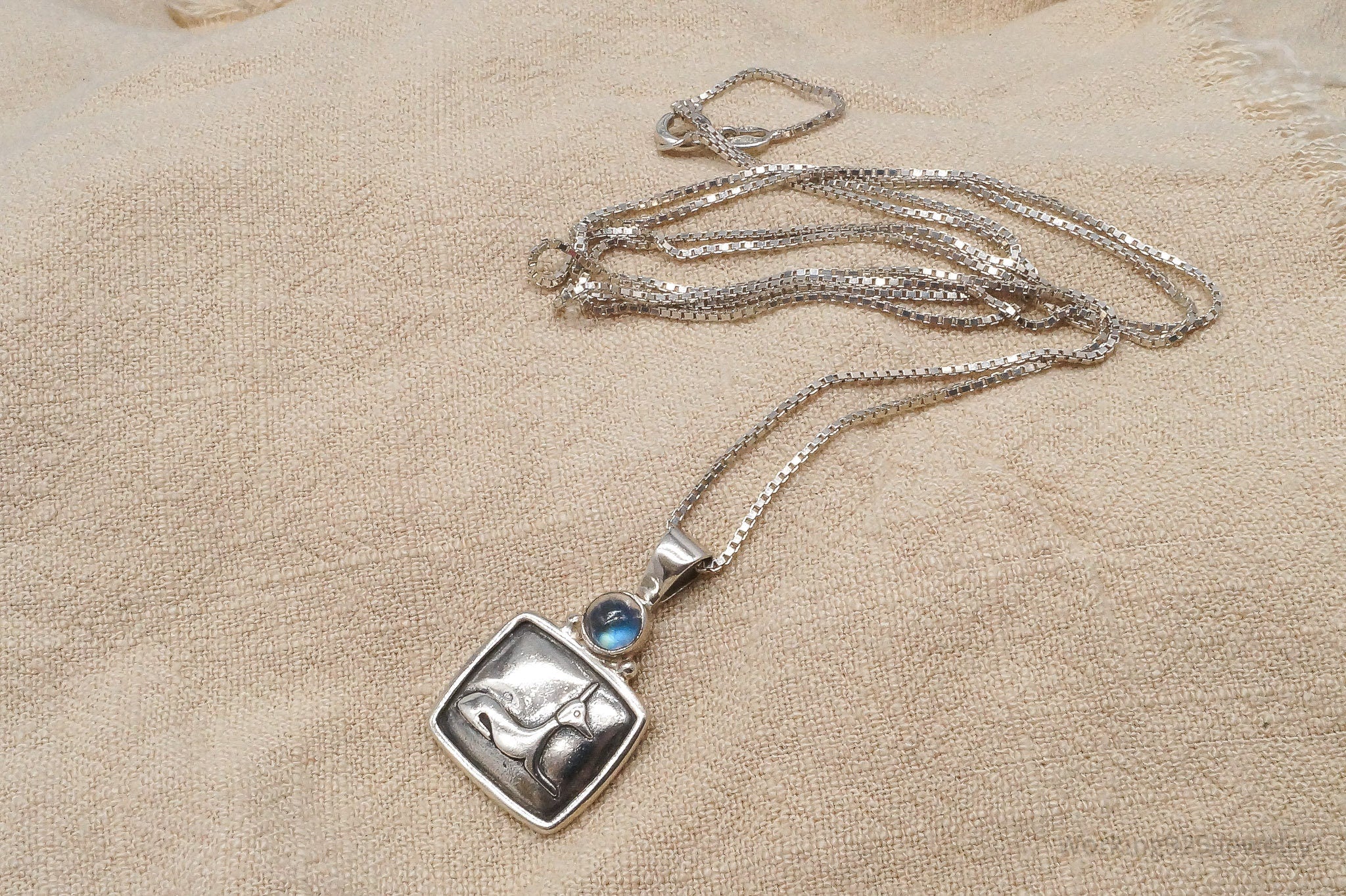 Vintage Egyptian God Anubis Moonstone Sterling Silver Necklace 30"