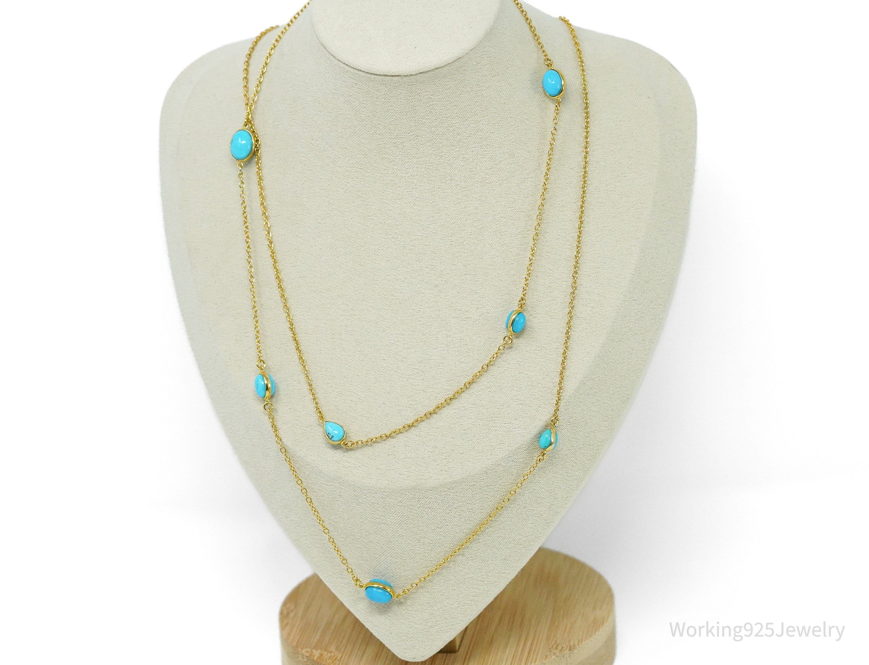 Long Vintage Turquoise Gold Vermeil Sterling Silver Necklace 36"